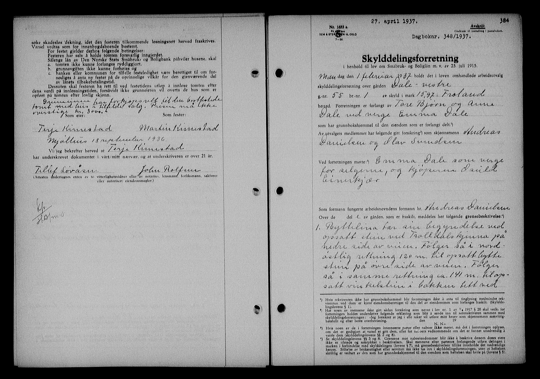 Nedenes sorenskriveri, SAK/1221-0006/G/Gb/Gba/L0043: Mortgage book no. 39, 1936-1937, Diary no: : 348/1937