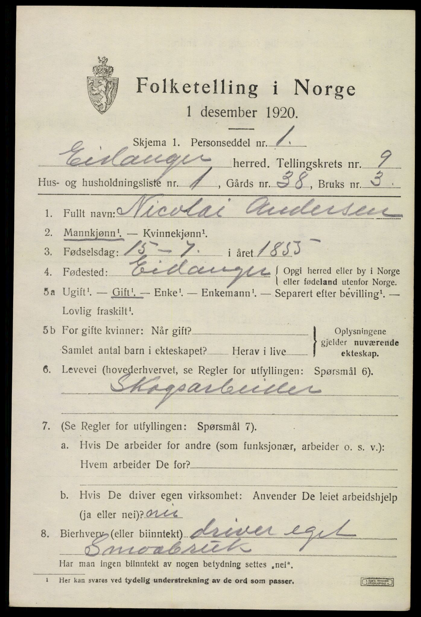 SAKO, 1920 census for Eidanger, 1920, p. 5910