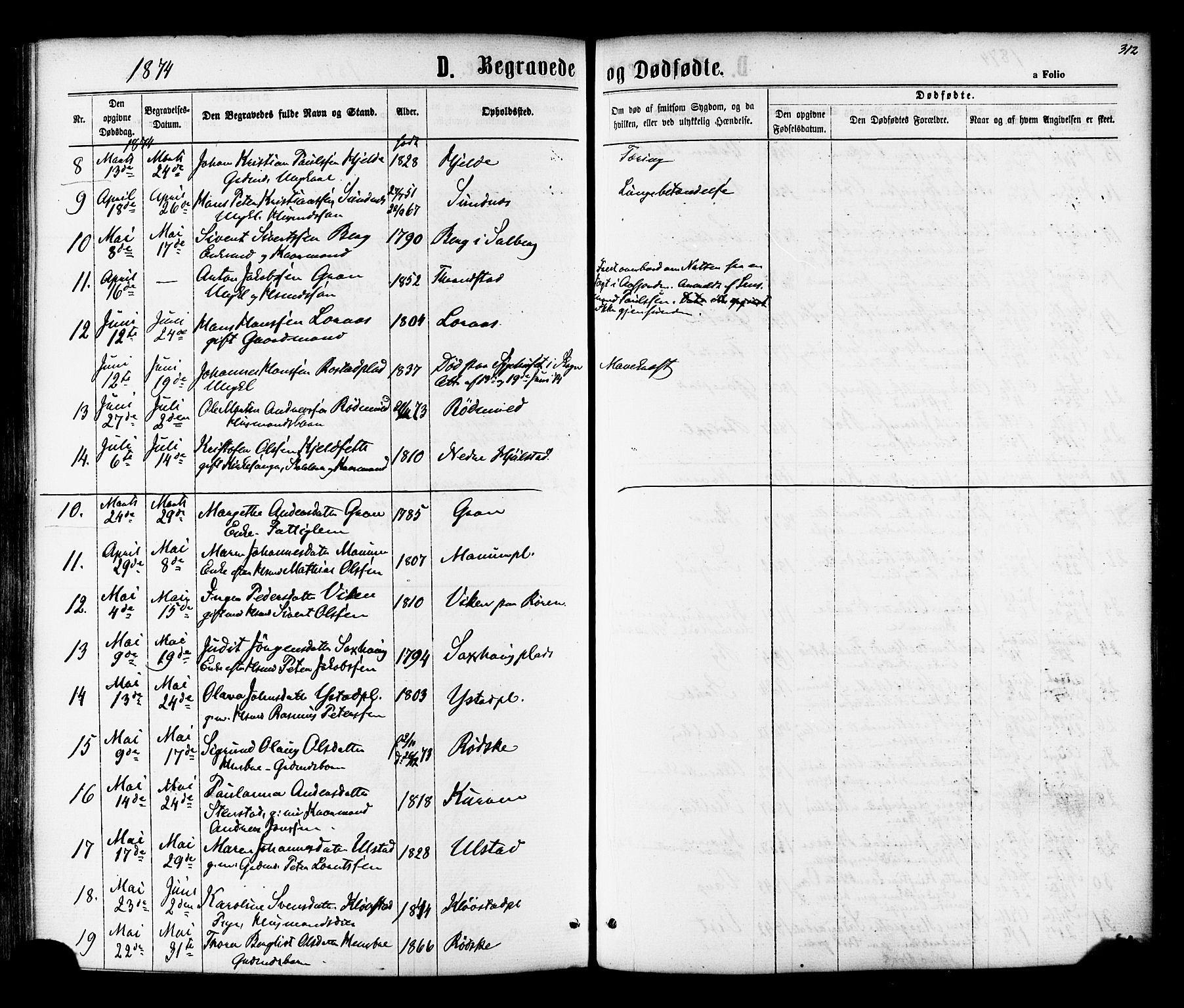 Ministerialprotokoller, klokkerbøker og fødselsregistre - Nord-Trøndelag, AV/SAT-A-1458/730/L0284: Parish register (official) no. 730A09, 1866-1878, p. 312