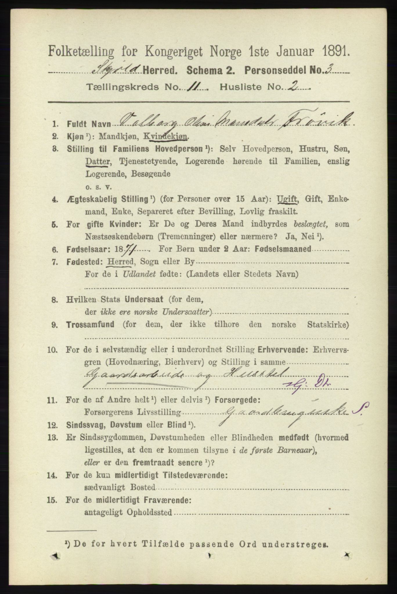 RA, 1891 census for 1154 Skjold, 1891, p. 2077