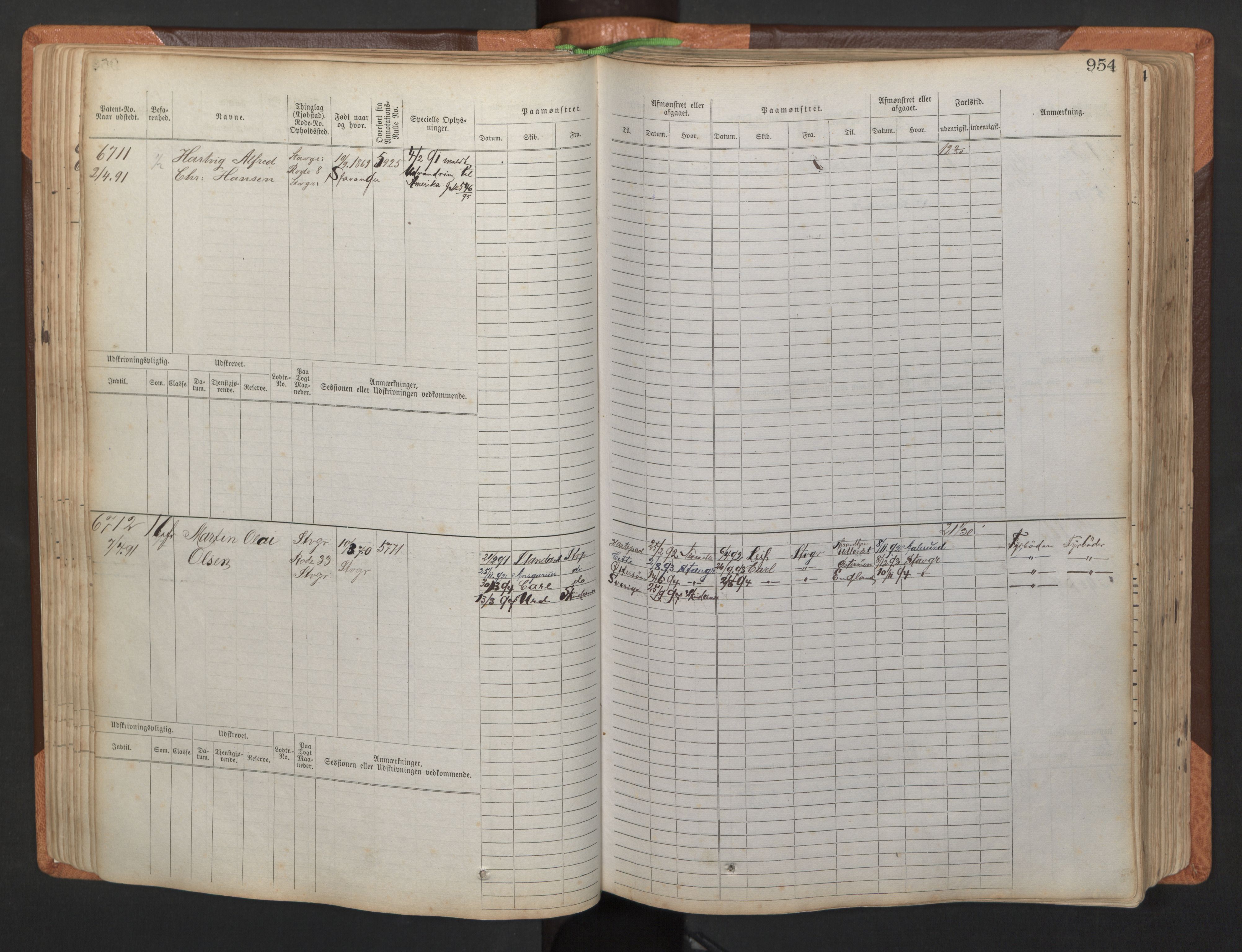 Stavanger sjømannskontor, AV/SAST-A-102006/F/Fb/Fbb/L0011: Sjøfartshovedrulle, patentnr. 6607-7206 (del 2), 1887-1896, p. 57