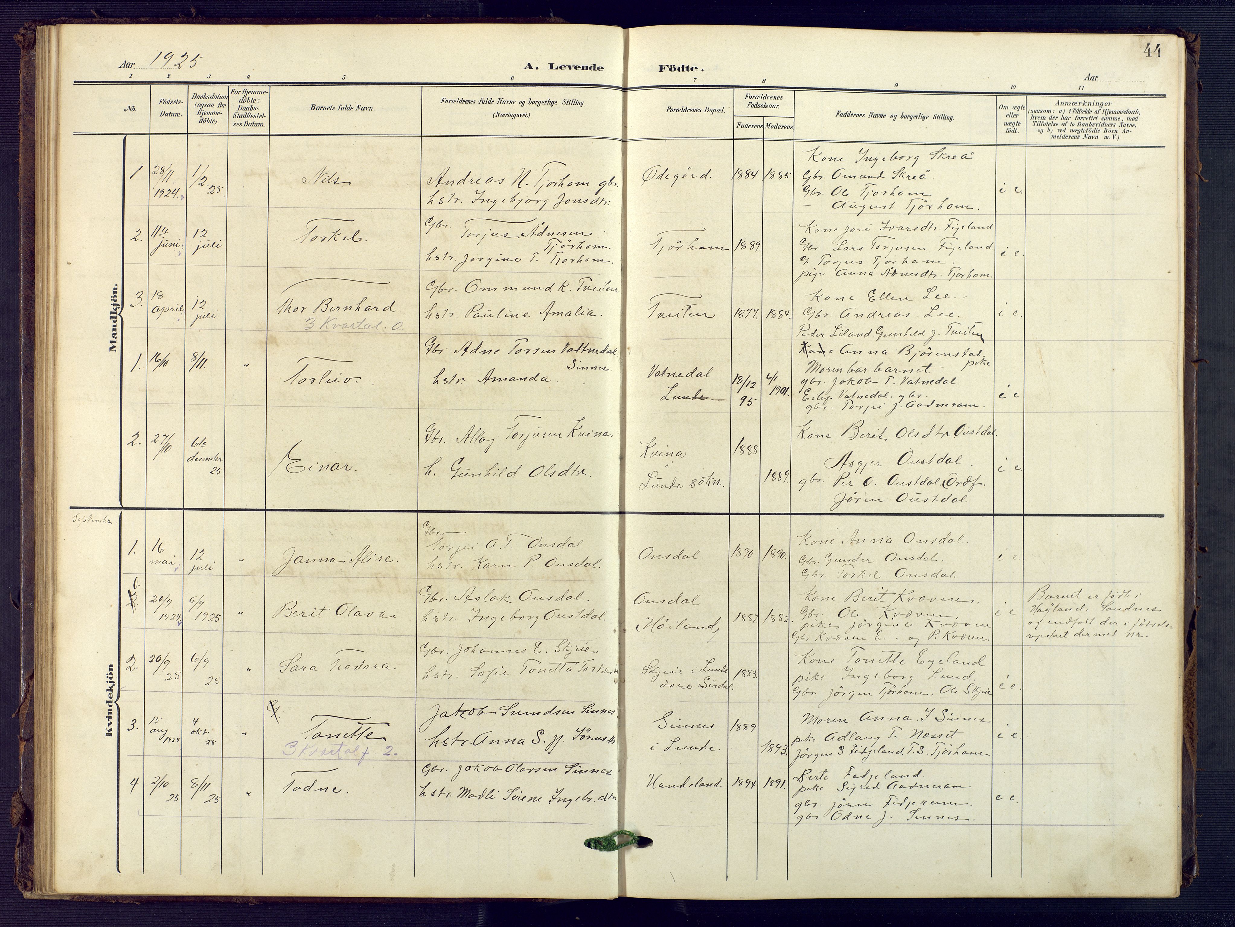 Sirdal sokneprestkontor, SAK/1111-0036/F/Fb/Fba/L0002: Parish register (copy) no. B 2, 1905-1958, p. 44