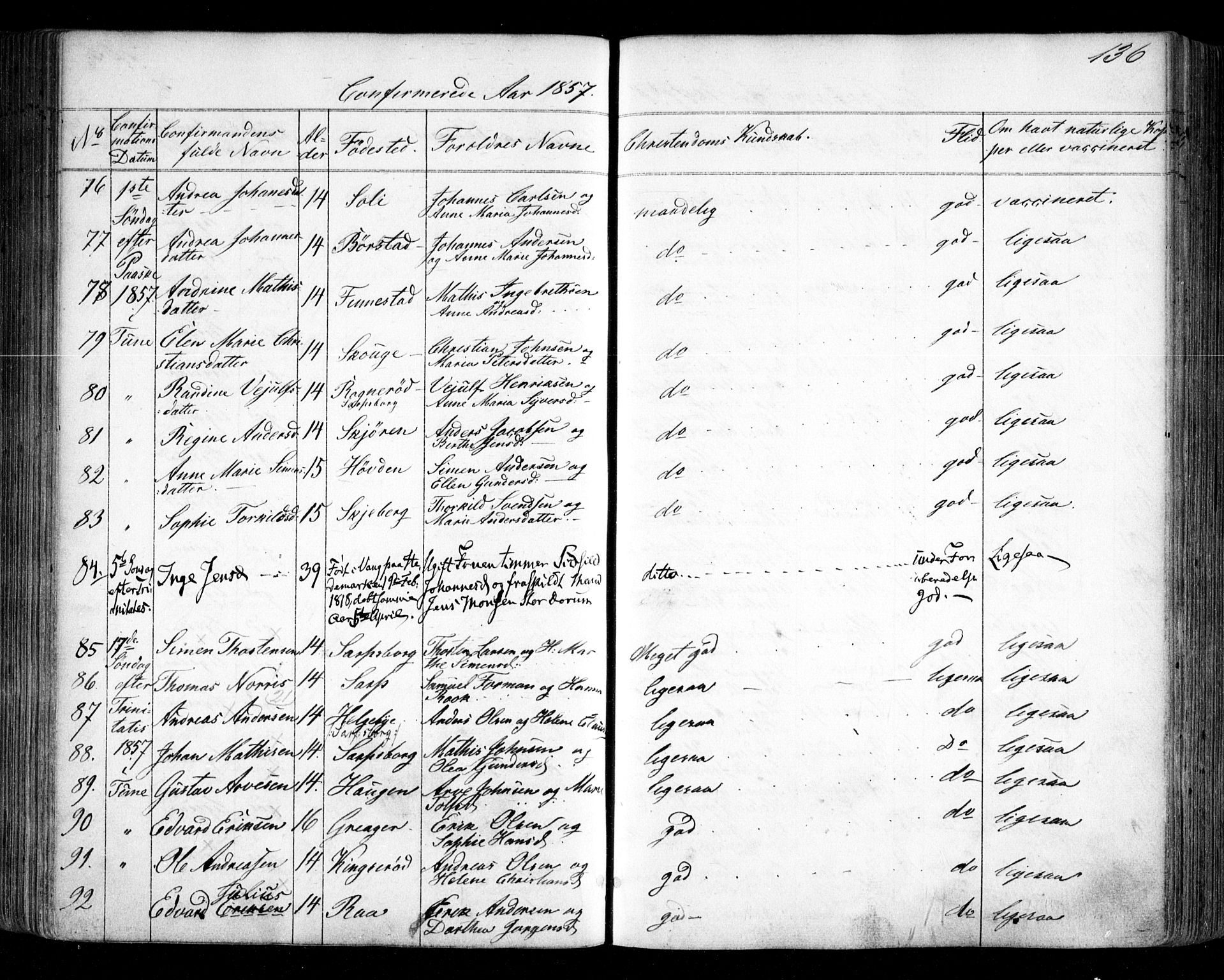 Tune prestekontor Kirkebøker, SAO/A-2007/F/Fa/L0012: Parish register (official) no. 12, 1856-1859, p. 136