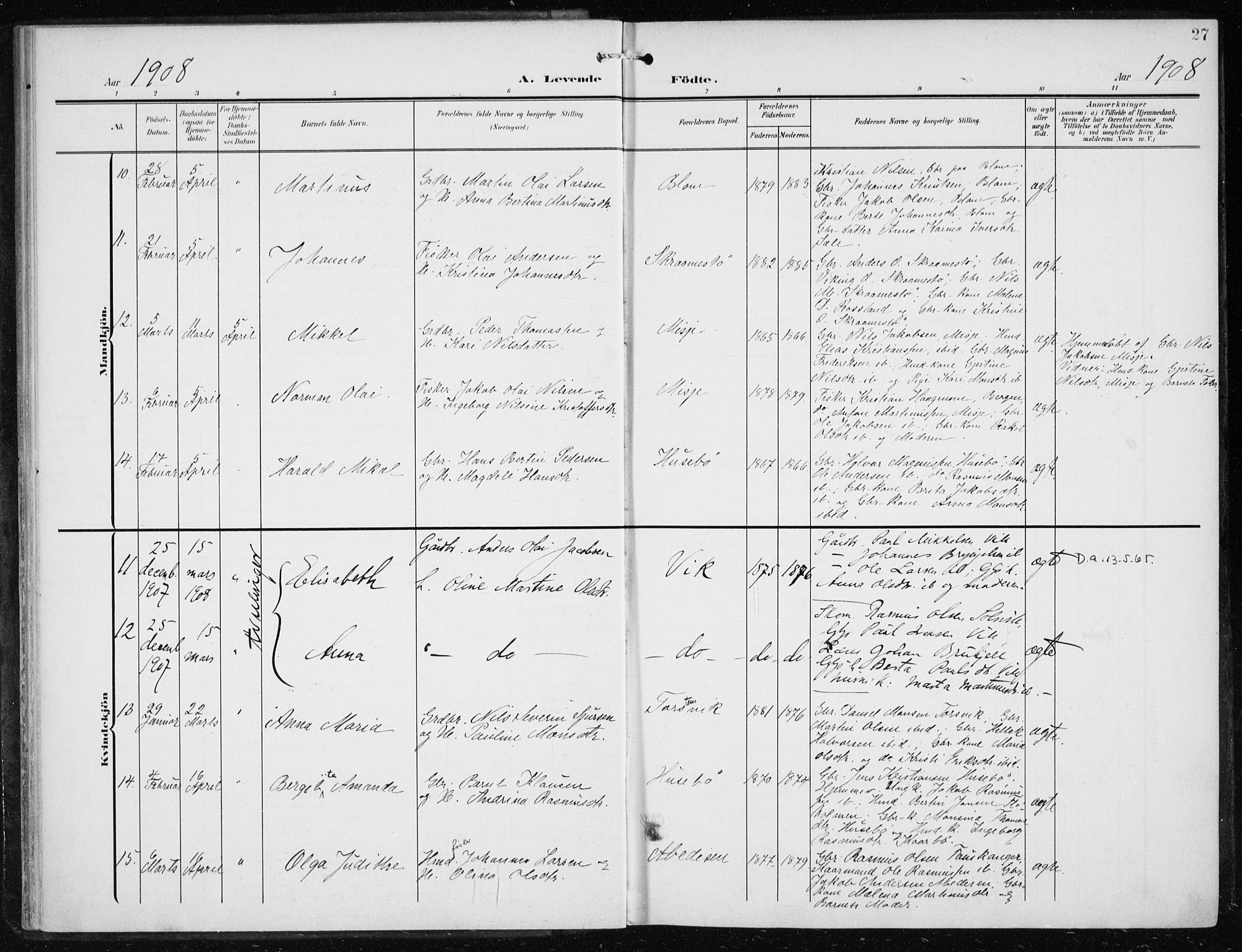 Herdla Sokneprestembete, AV/SAB-A-75701/H/Haa: Parish register (official) no. A 5, 1905-1918, p. 27