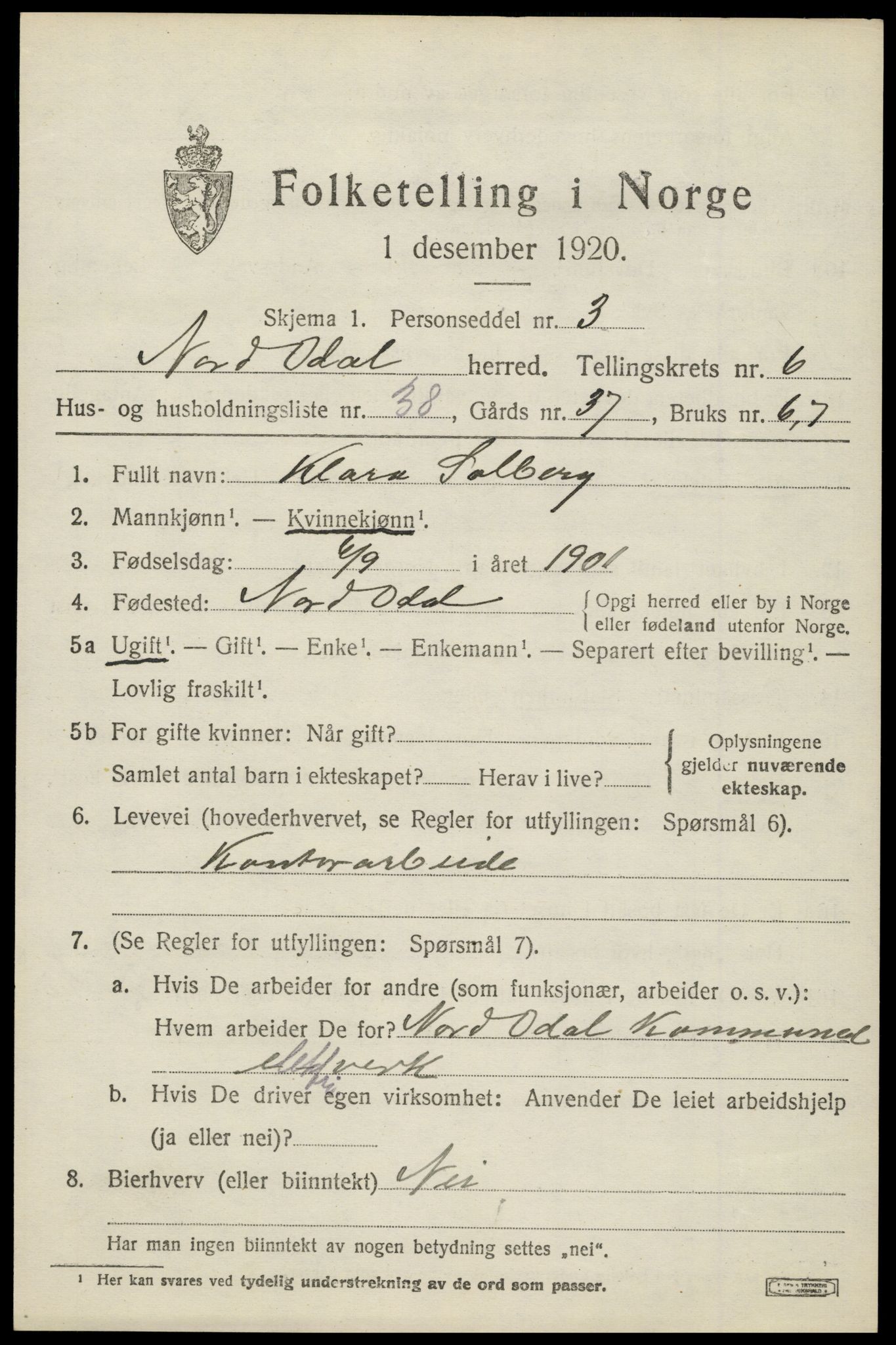 SAH, 1920 census for Nord-Odal, 1920, p. 7025