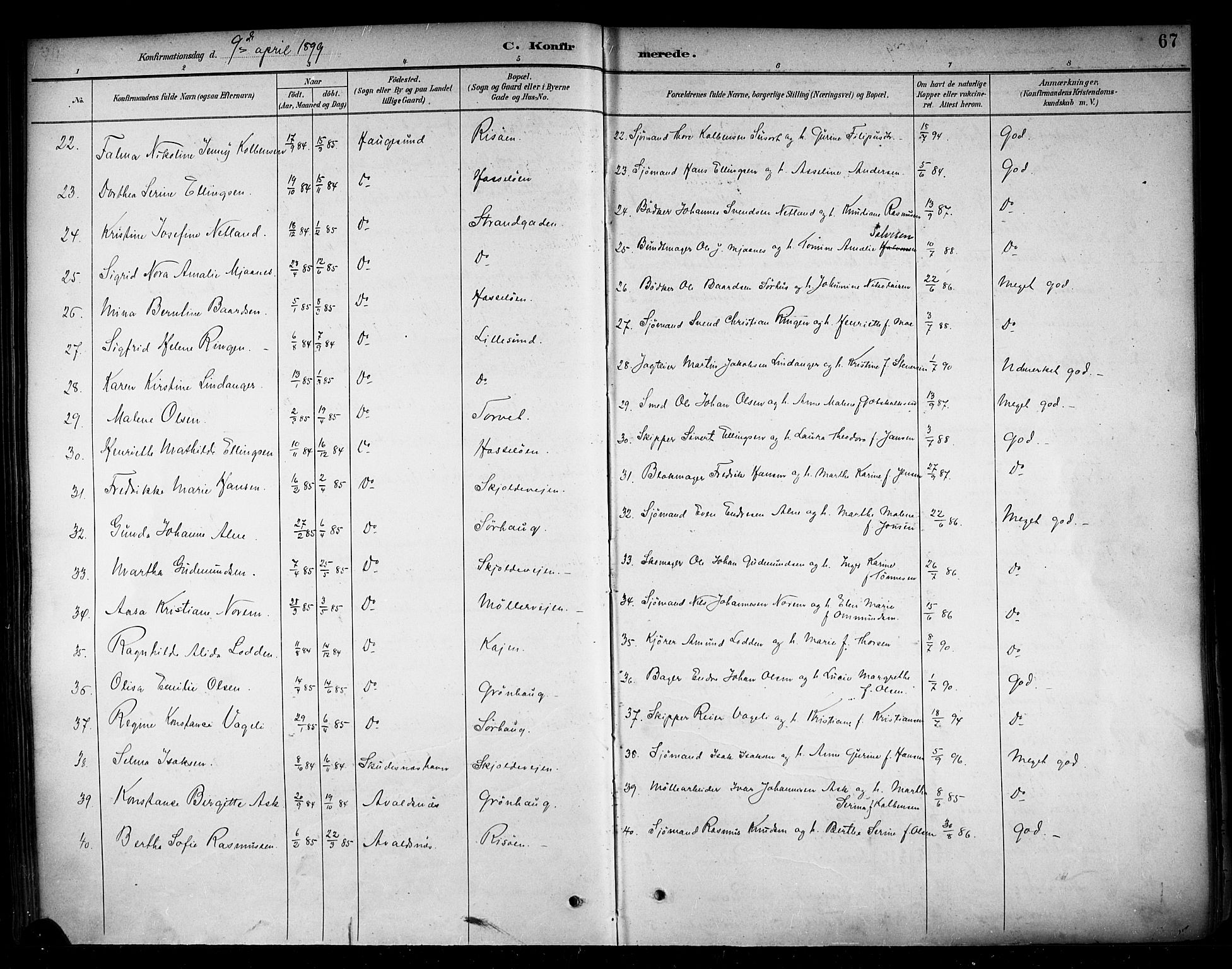 Haugesund sokneprestkontor, AV/SAST-A -101863/H/Ha/Haa/L0005: Parish register (official) no. A 5, 1891-1903, p. 67