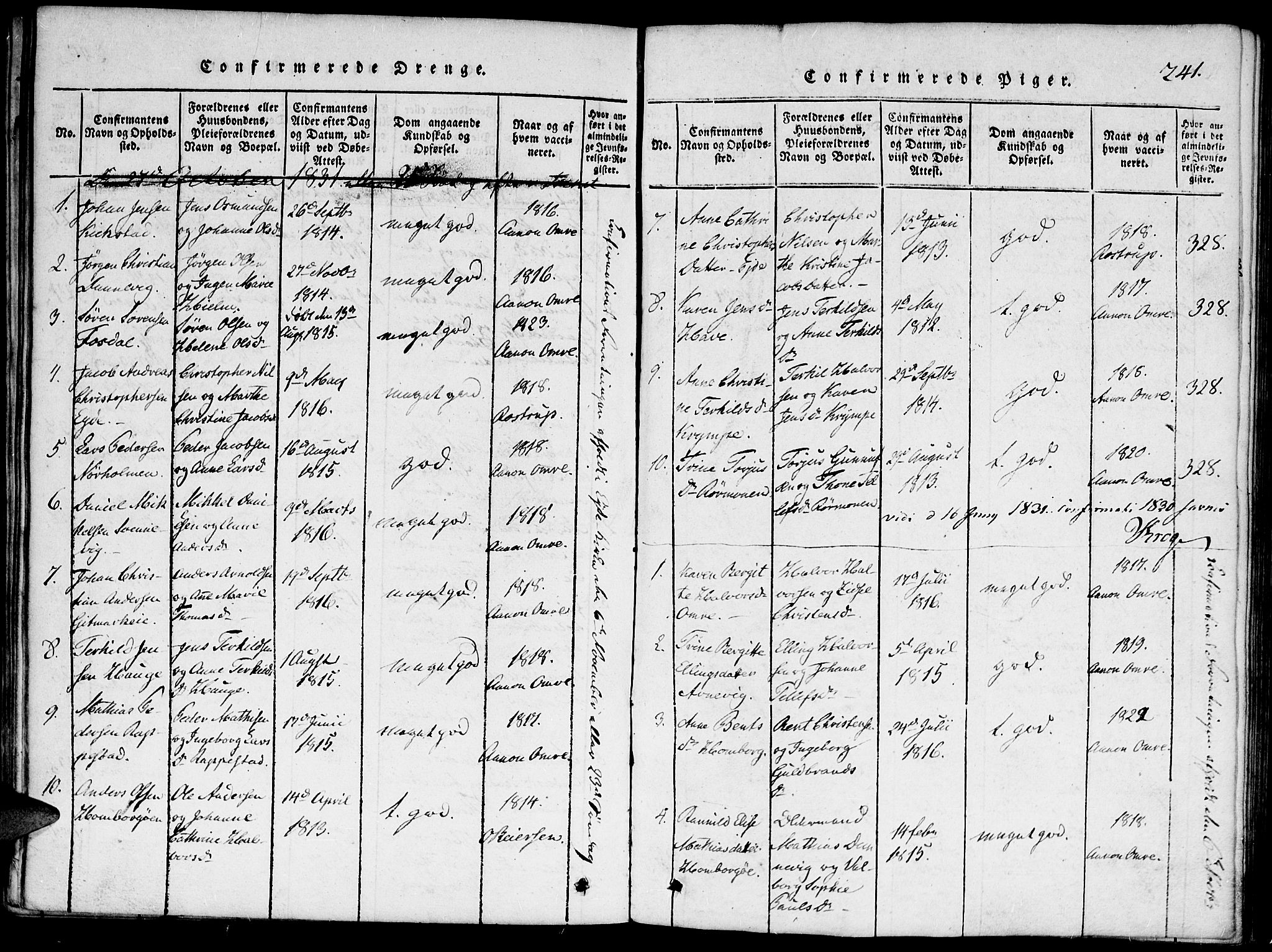 Hommedal sokneprestkontor, AV/SAK-1111-0023/F/Fa/Faa/L0001: Parish register (official) no. A 1, 1816-1860, p. 241