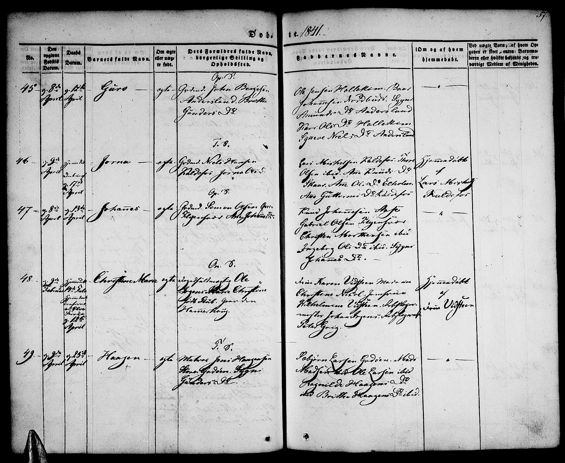 Tysnes sokneprestembete, SAB/A-78601/H/Haa: Parish register (official) no. A 9, 1837-1848, p. 57