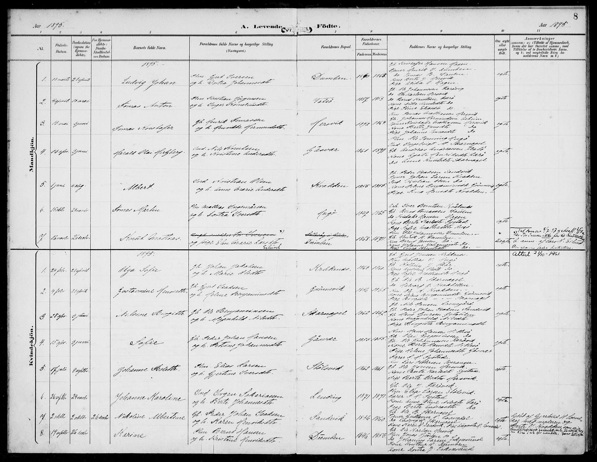 Solund sokneprestembete, AV/SAB-A-81401: Parish register (official) no. B  1, 1891-1901, p. 8