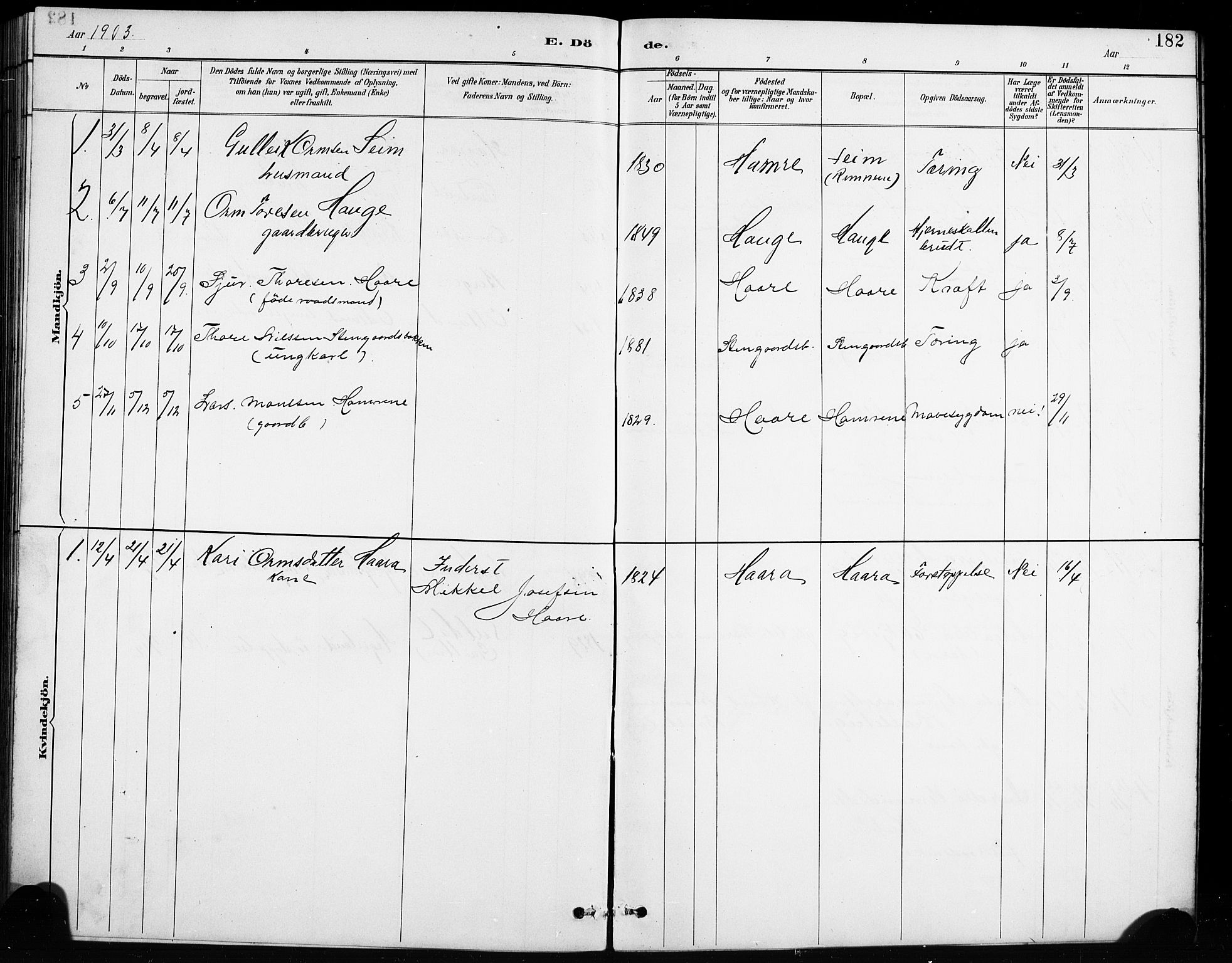 Røldal sokneprestembete, SAB/A-100247: Parish register (copy) no. A 3, 1887-1917, p. 182