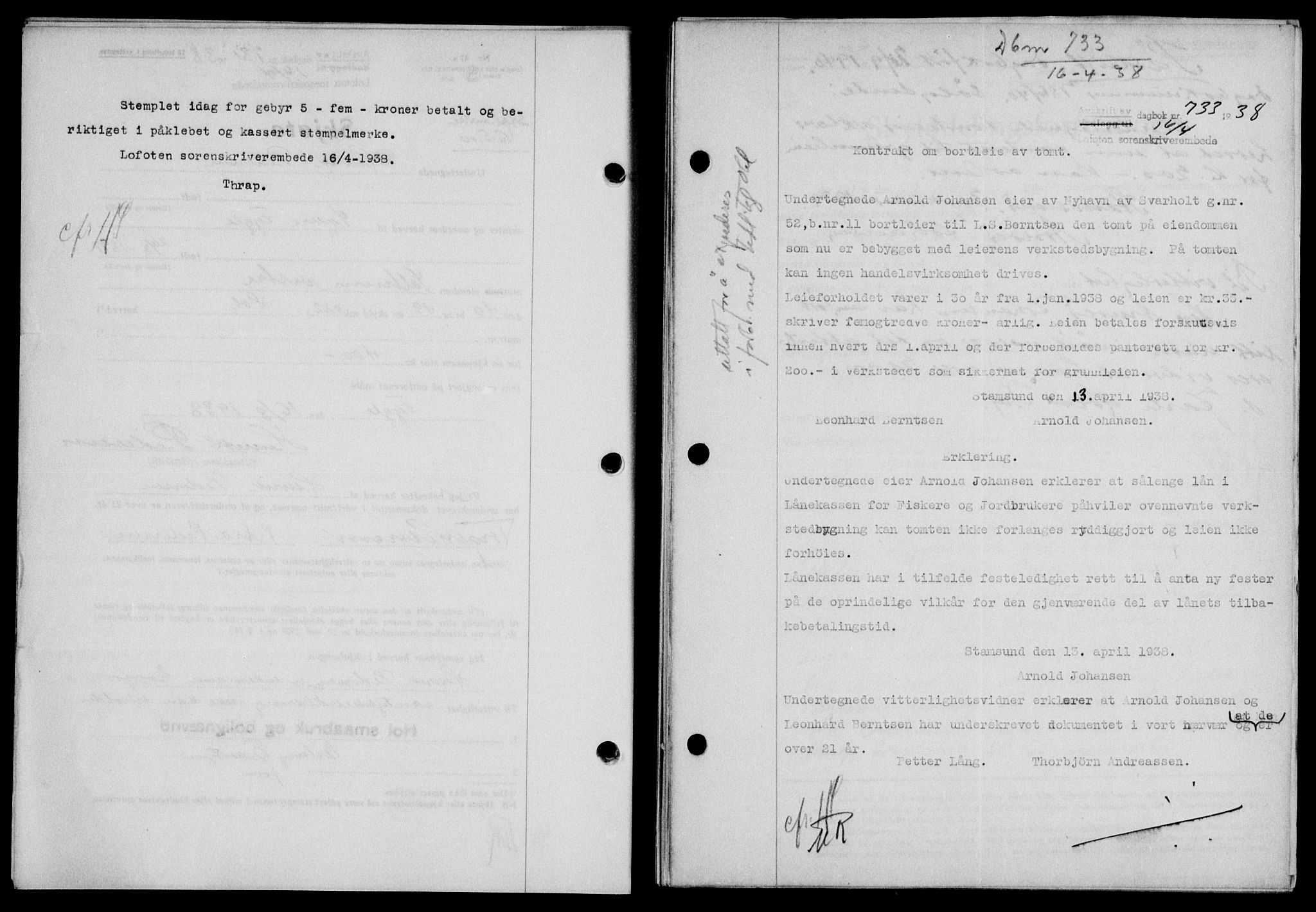 Lofoten sorenskriveri, SAT/A-0017/1/2/2C/L0004a: Mortgage book no. 4a, 1938-1938, Diary no: : 733/1938