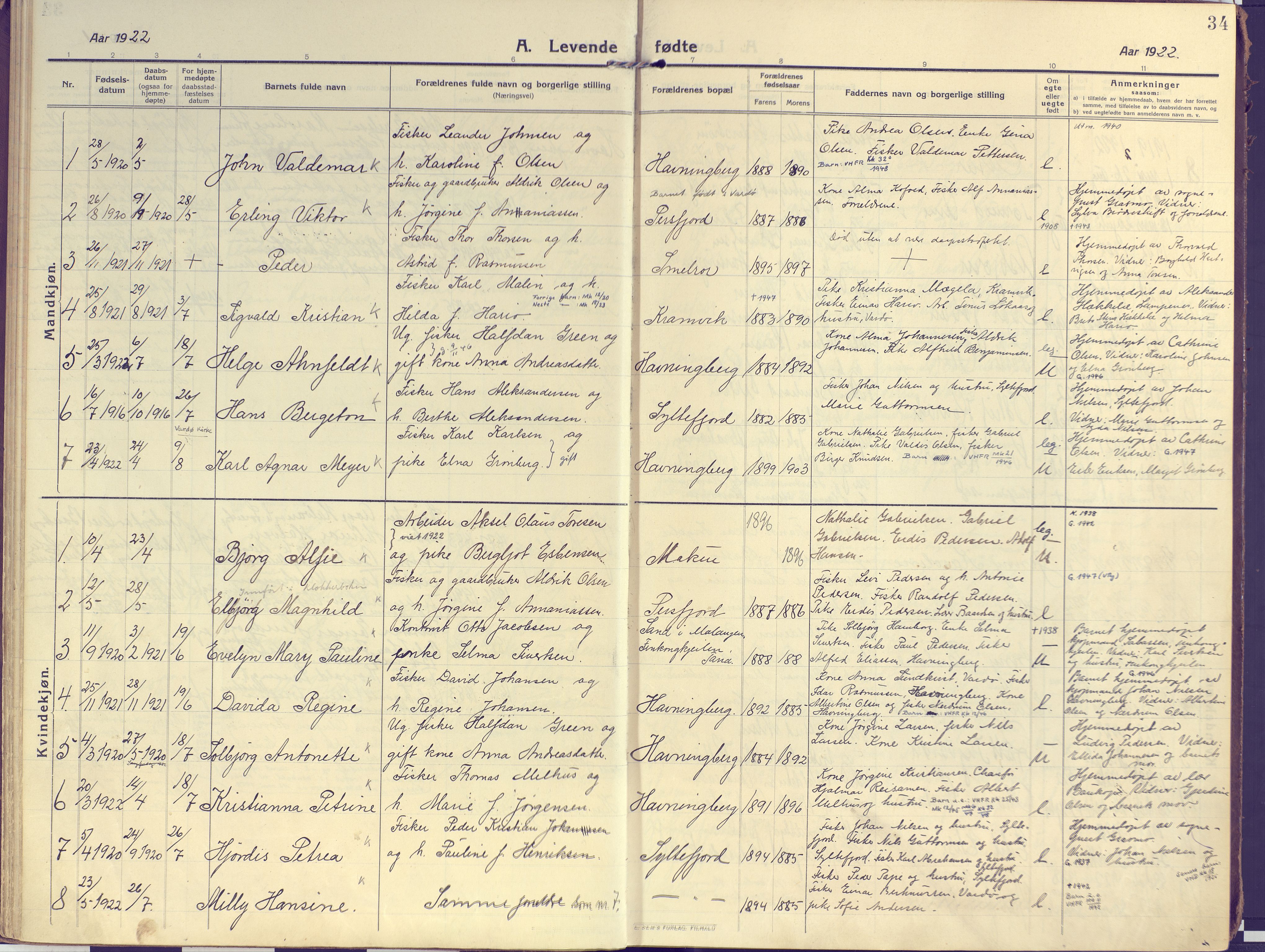 Vardø sokneprestkontor, SATØ/S-1332/H/Ha/L0013kirke: Parish register (official) no. 13, 1912-1928, p. 34