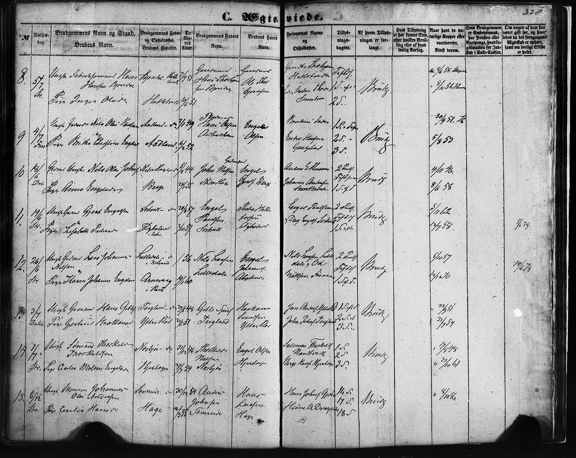 Fusa sokneprestembete, AV/SAB-A-75401/H/Haa: Parish register (official) no. A 1I, 1855-1879, p. 328