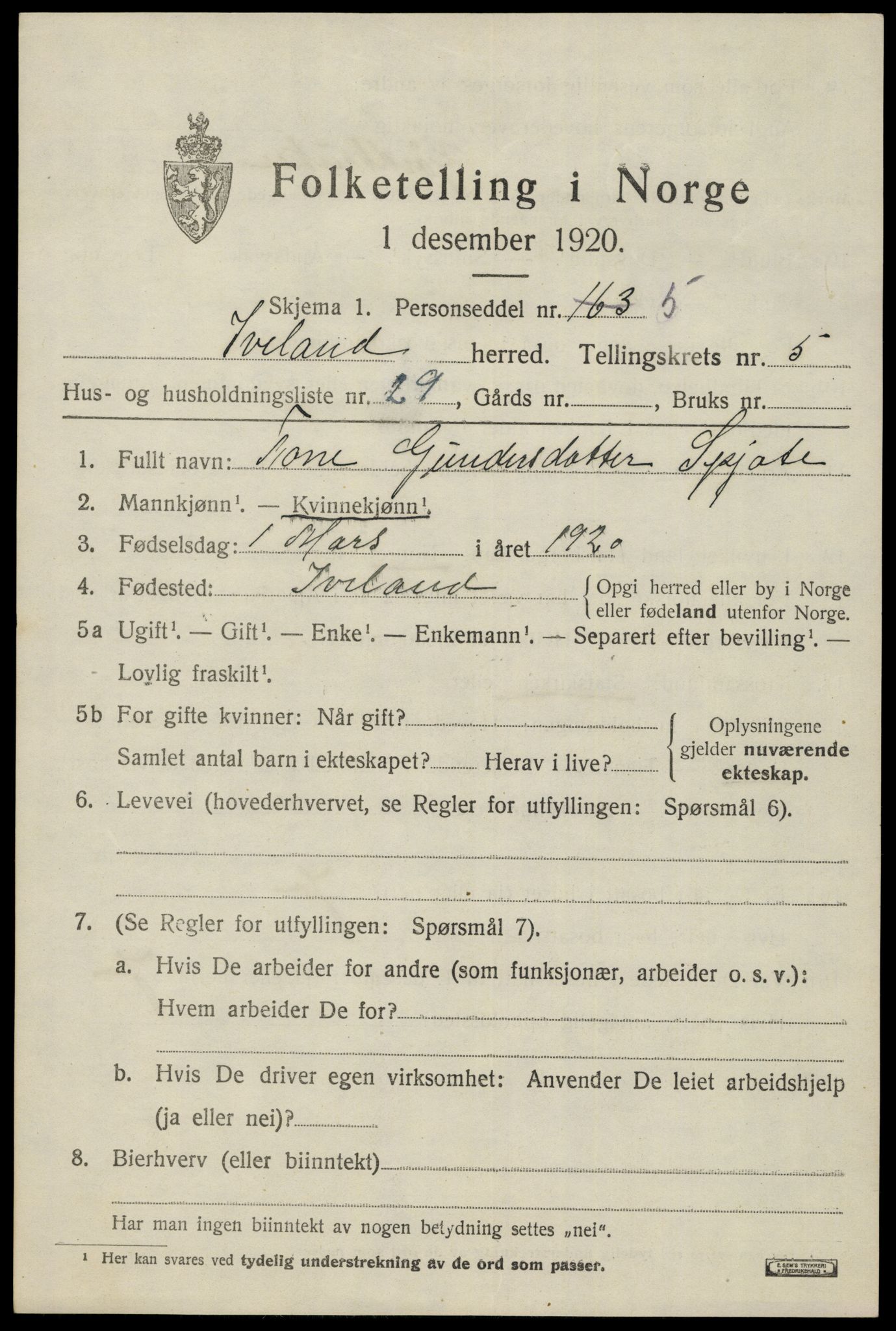 SAK, 1920 census for Iveland, 1920, p. 1909