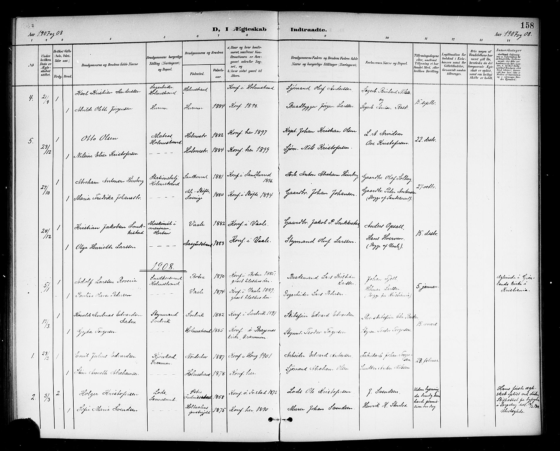 Holmestrand kirkebøker, AV/SAKO-A-346/G/Ga/L0006: Parish register (copy) no. 6, 1901-1923, p. 158