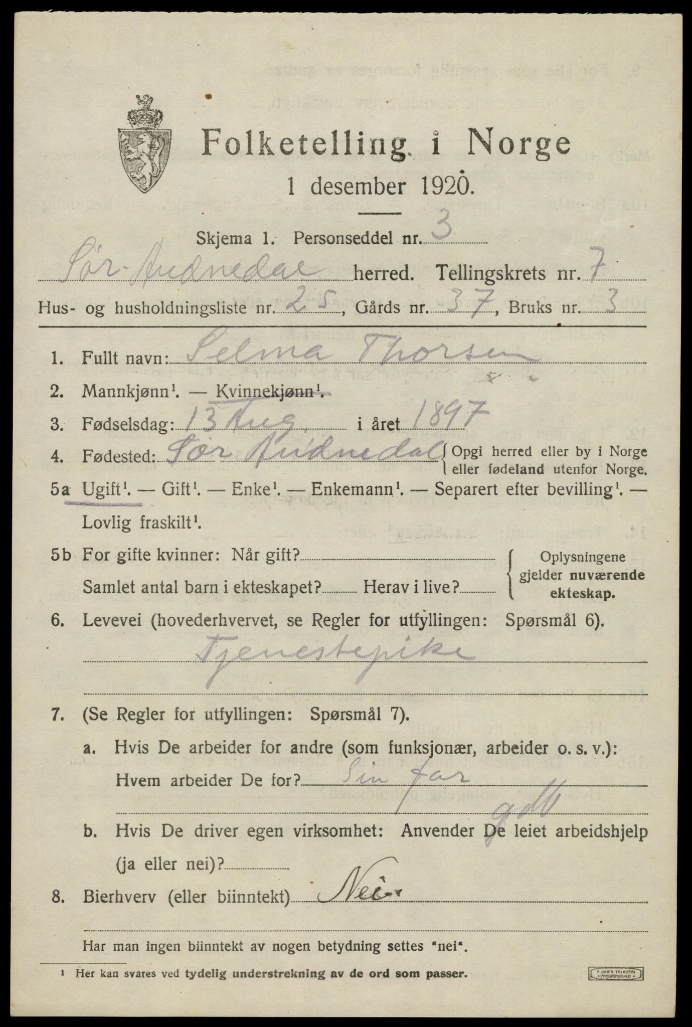 SAK, 1920 census for Sør-Audnedal, 1920, p. 3173