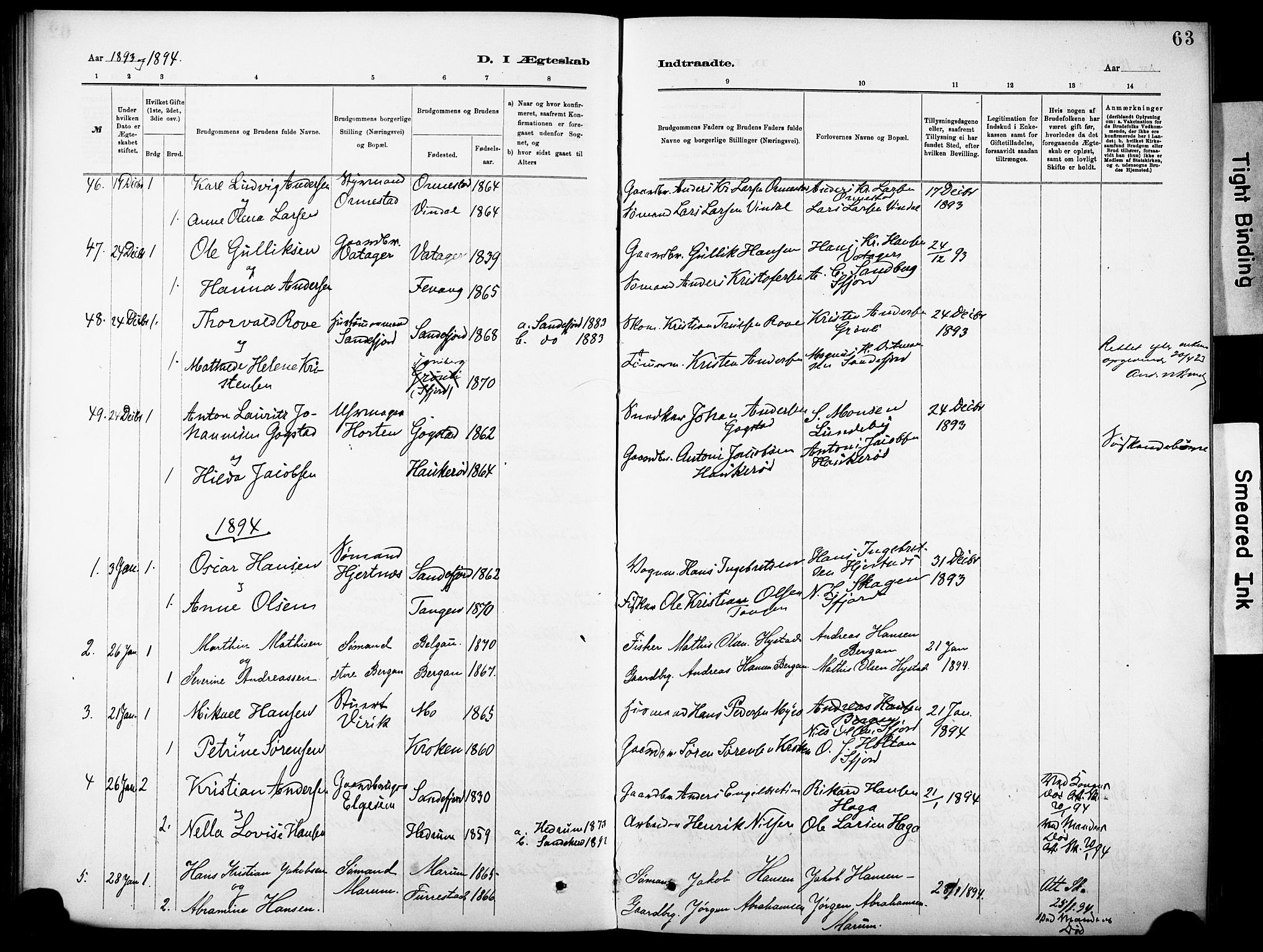 Sandar kirkebøker, SAKO/A-243/F/Fa/L0013: Parish register (official) no. 13, 1883-1895, p. 63