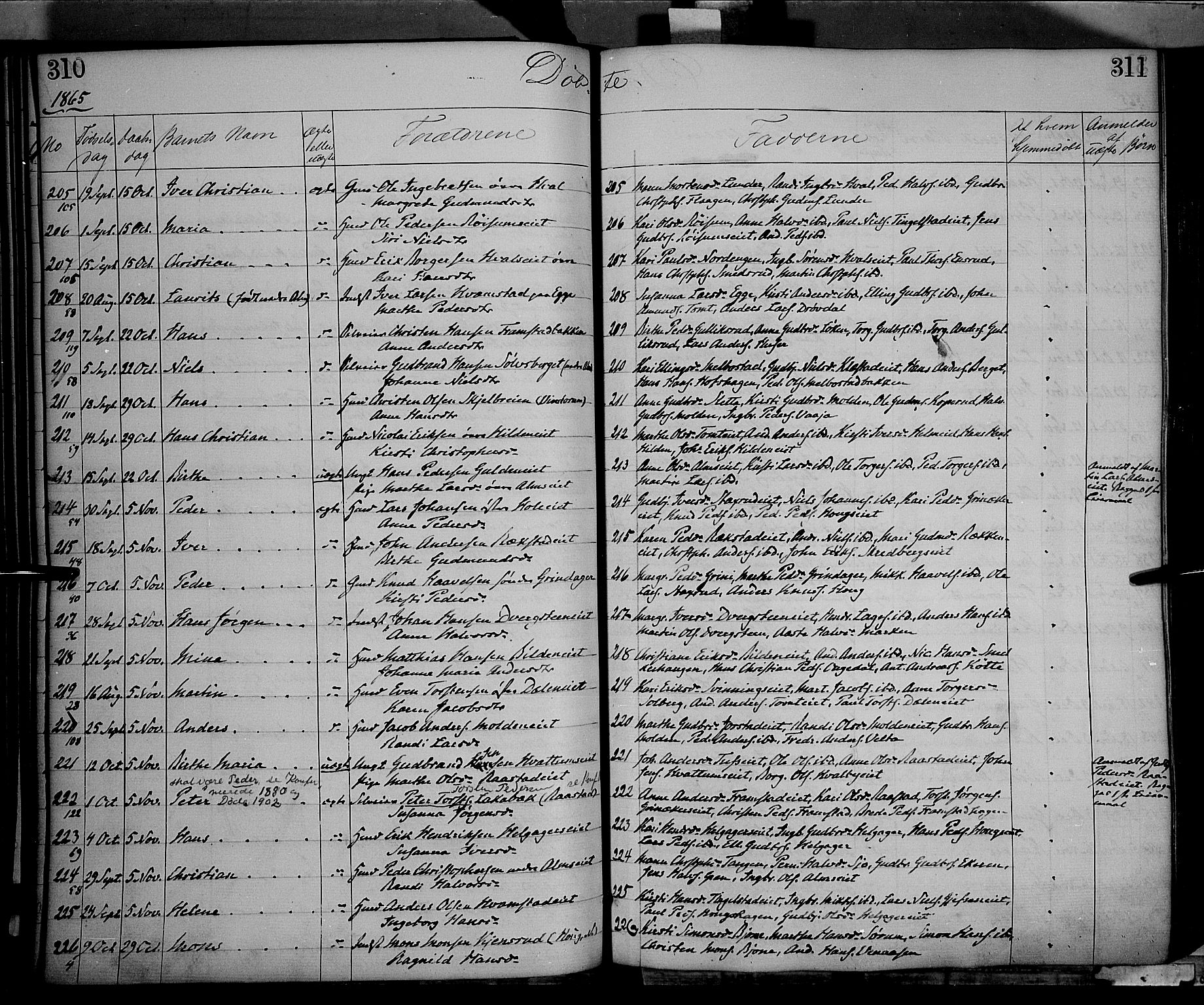 Gran prestekontor, AV/SAH-PREST-112/H/Ha/Haa/L0012: Parish register (official) no. 12, 1856-1874, p. 310-311