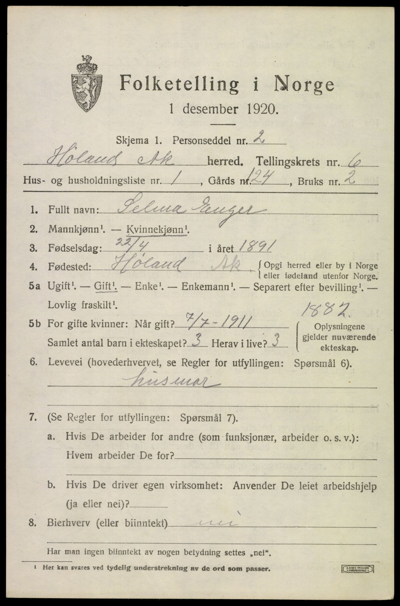 SAO, 1920 census for Høland, 1920, p. 8365