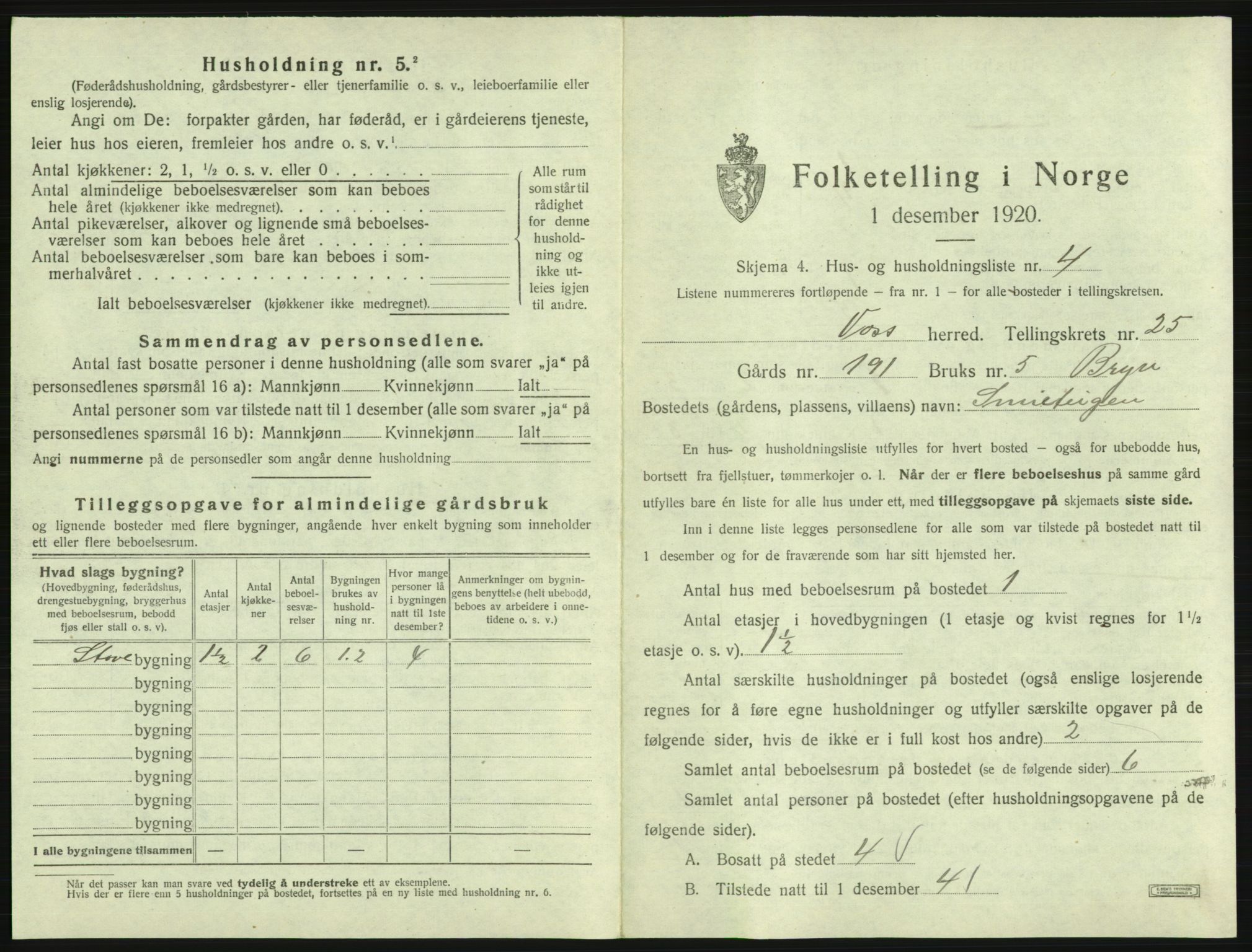 SAB, 1920 census for Voss, 1920, p. 2169