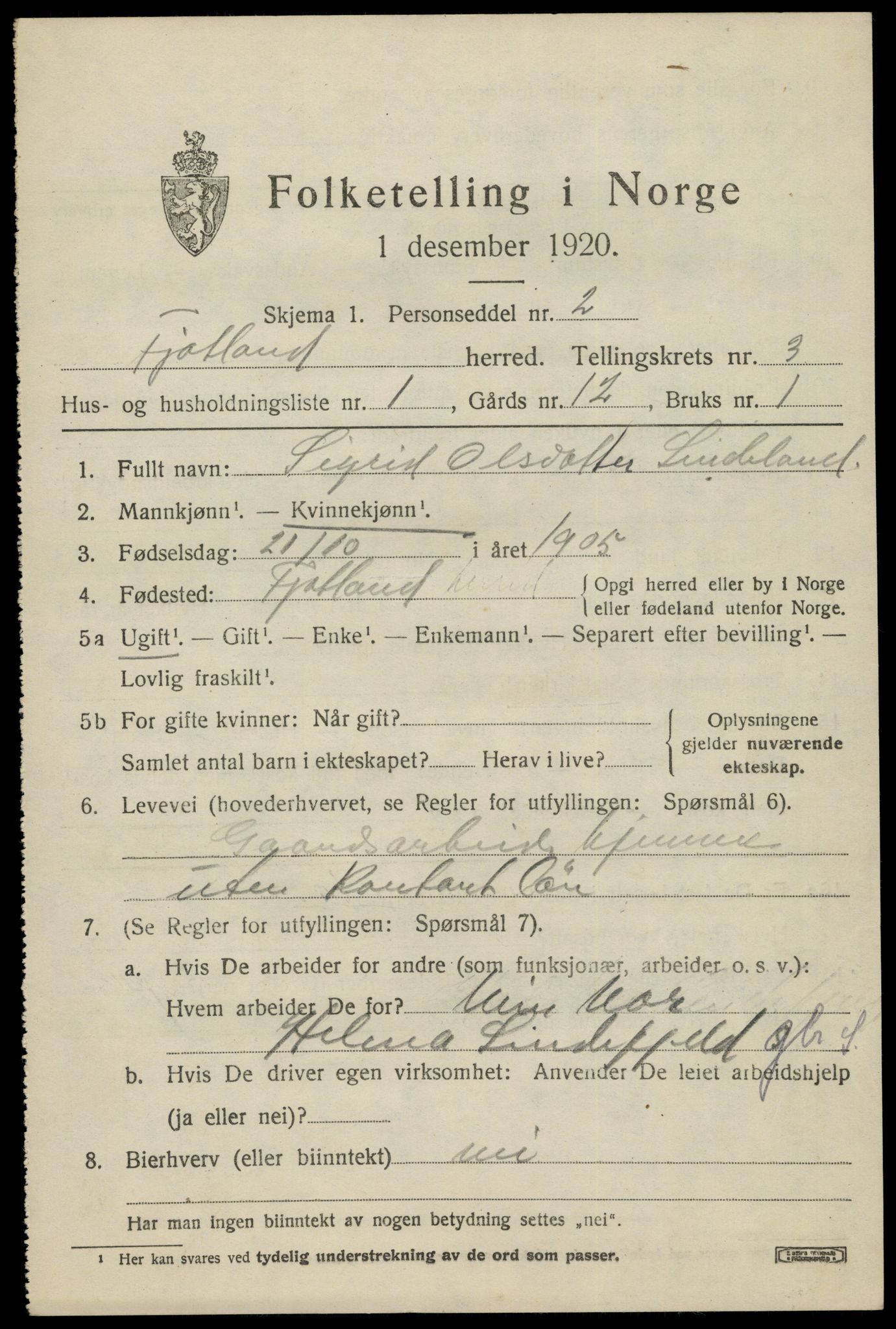 SAK, 1920 census for Fjotland, 1920, p. 932