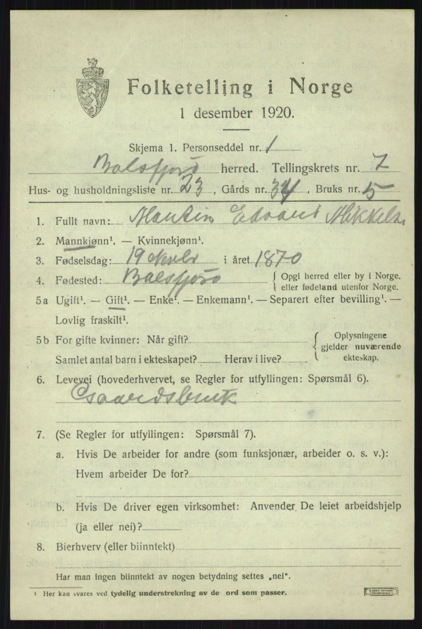 SATØ, 1920 census for Balsfjord, 1920, p. 4462