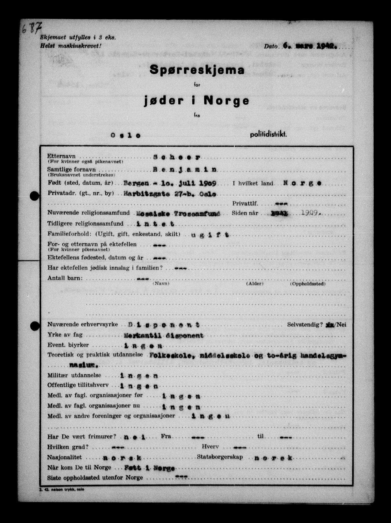 Statspolitiet - Hovedkontoret / Osloavdelingen, AV/RA-S-1329/G/Ga/L0011: Spørreskjema for jøder i Norge. 1: Oslo 610-806 (Plavnik-Zwillinger). 2: Aker 1-113 (Adler-Lewin). , 1942, p. 230