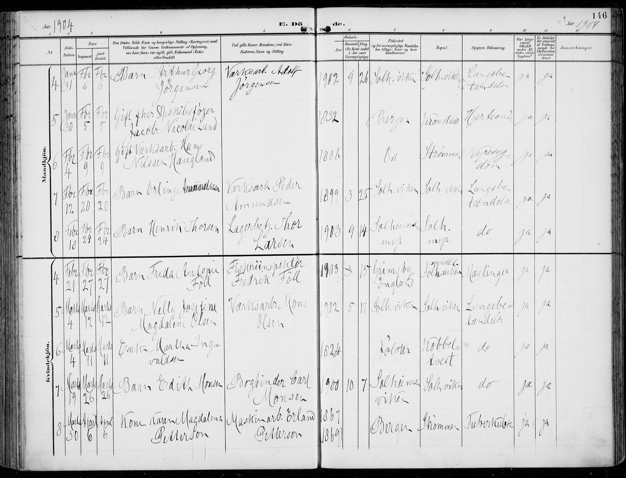 Årstad Sokneprestembete, AV/SAB-A-79301/H/Haa/L0009: Parish register (official) no. C 1, 1902-1918, p. 146