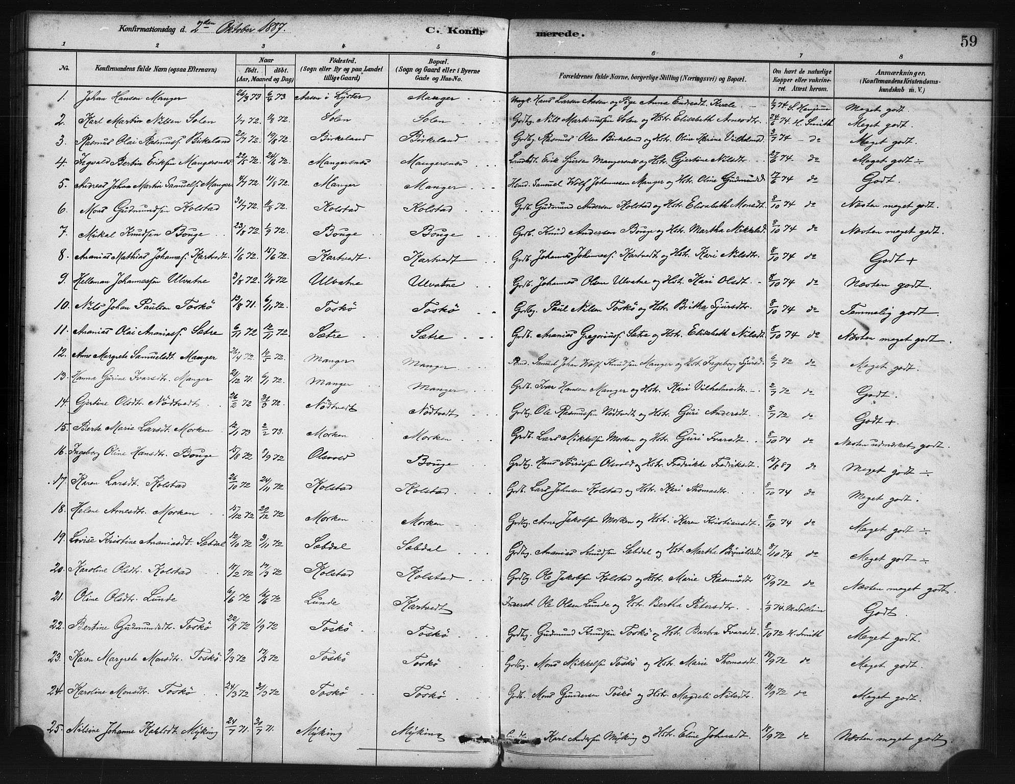Manger sokneprestembete, SAB/A-76801/H/Haa: Parish register (official) no. B 1, 1881-1892, p. 59