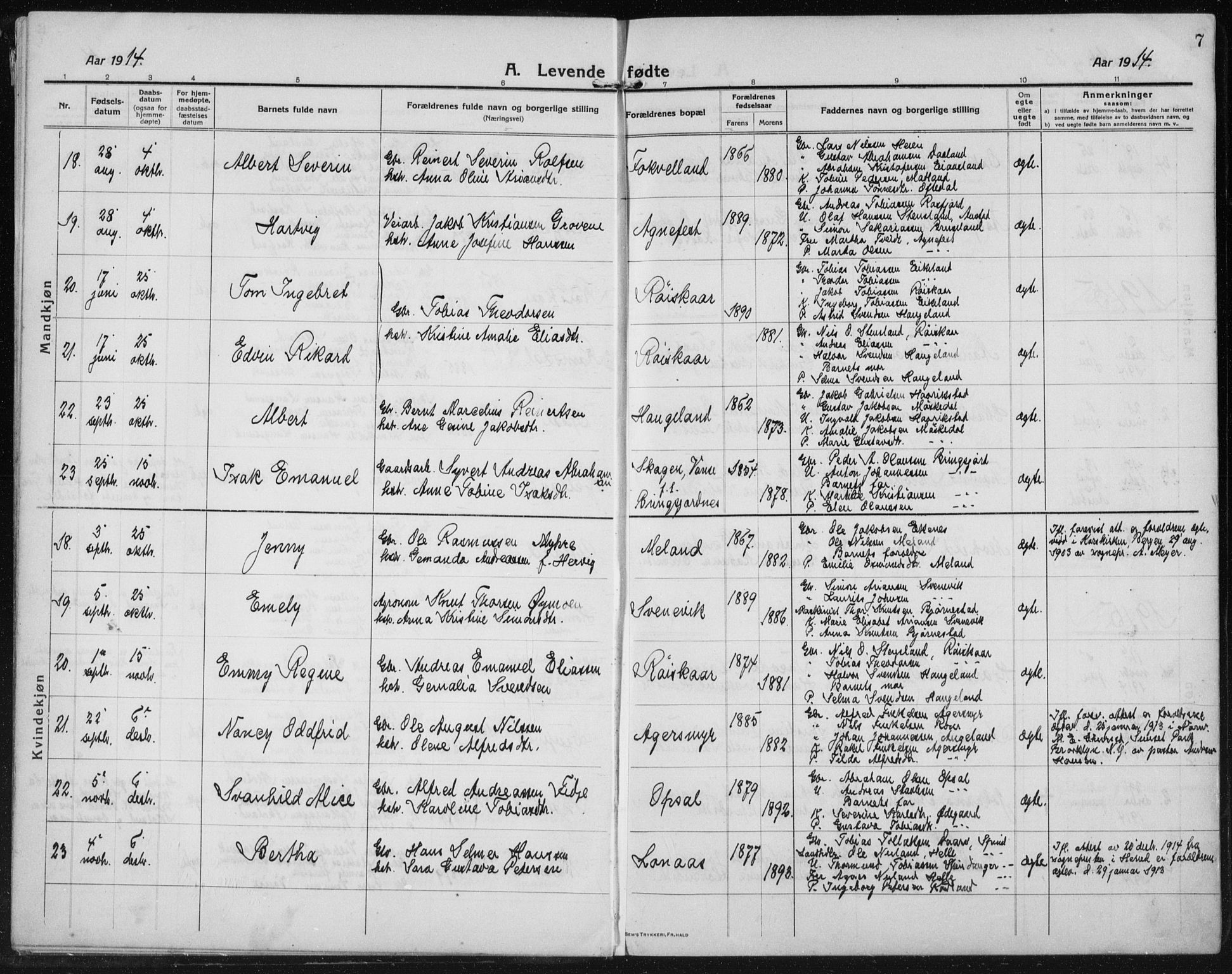 Lyngdal sokneprestkontor, AV/SAK-1111-0029/F/Fb/Fbc/L0006: Parish register (copy) no. B 6, 1914-1934, p. 7