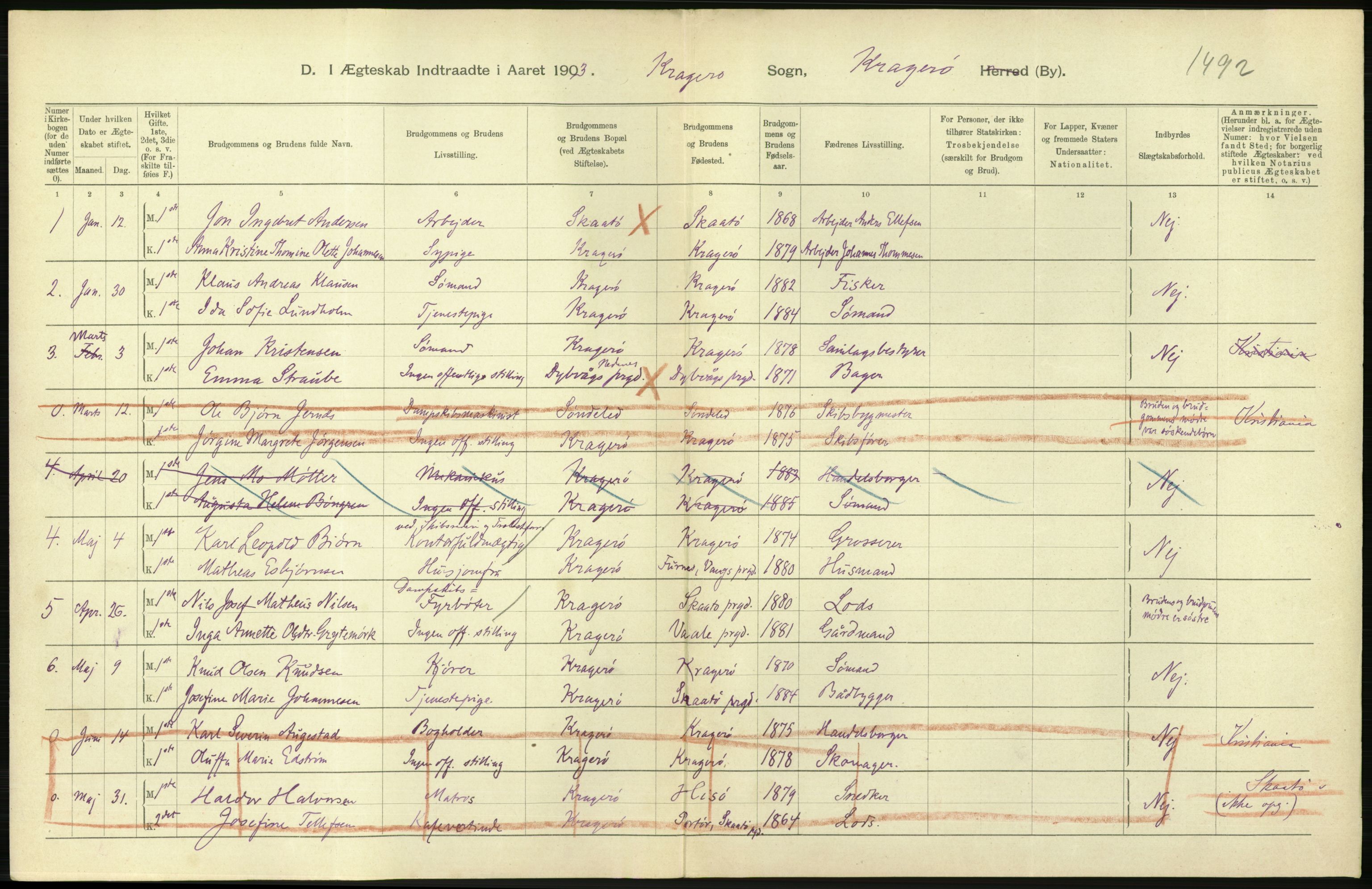 Statistisk sentralbyrå, Sosiodemografiske emner, Befolkning, AV/RA-S-2228/D/Df/Dfa/Dfaa/L0009: Bratsberg amt: Fødte, gifte, døde, 1903, p. 490