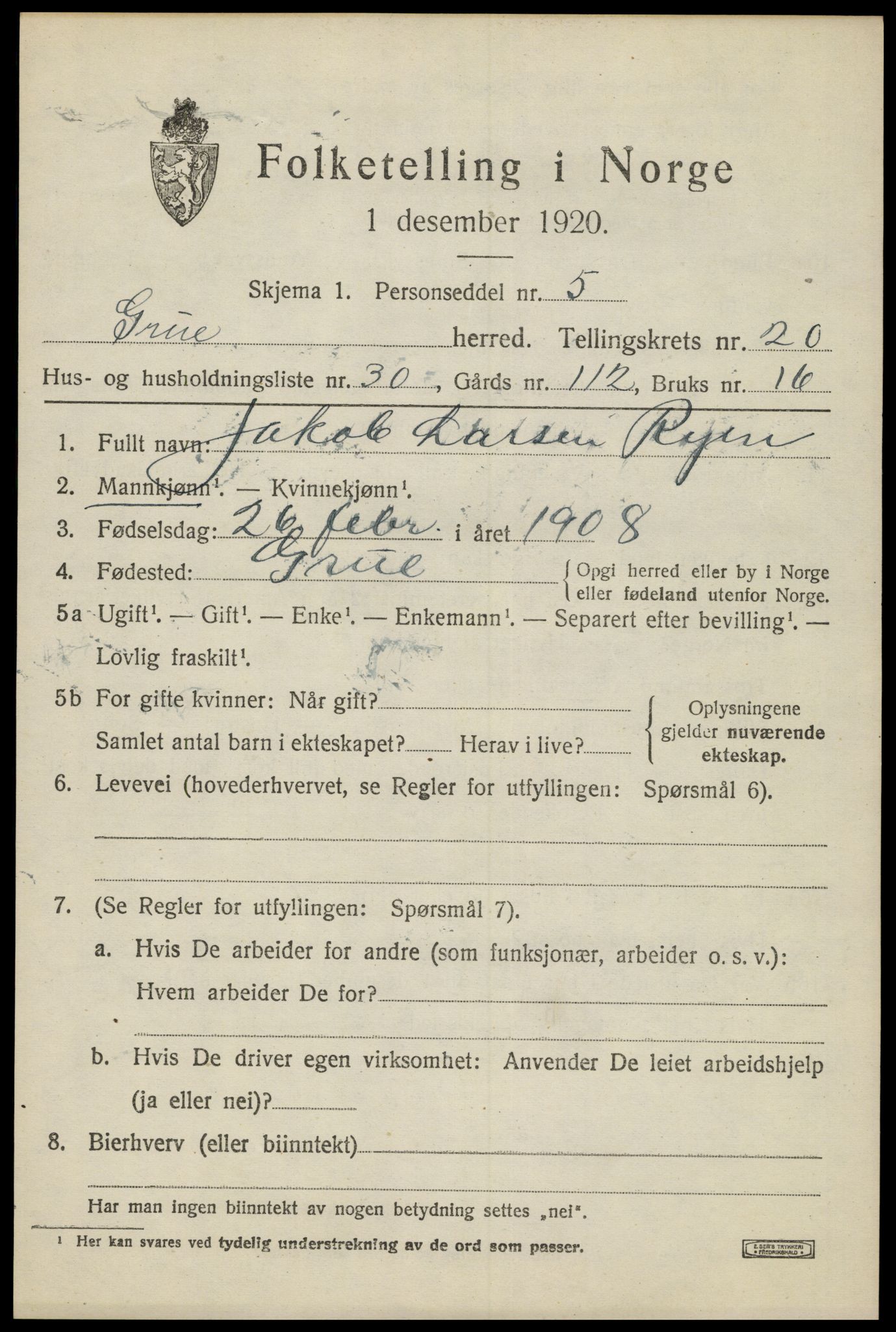 SAH, 1920 census for Grue, 1920, p. 15281