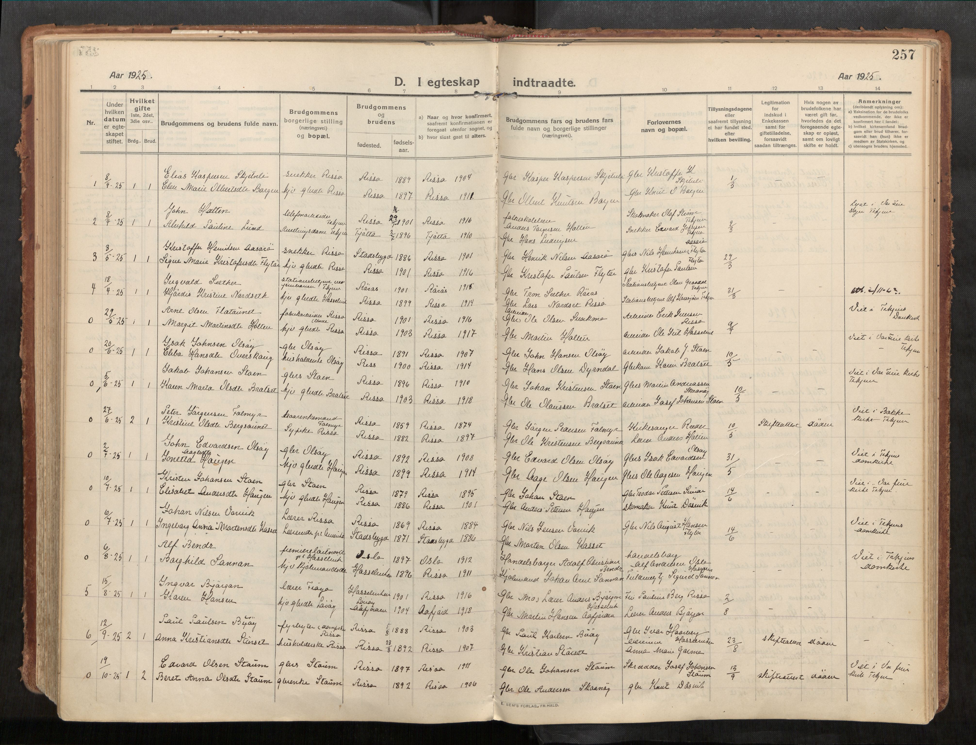 Stadsbygd sokneprestkontor, AV/SAT-A-1117/1/I/I1/I1a/L0001: Parish register (official) no. 1, 1911-1929, p. 257