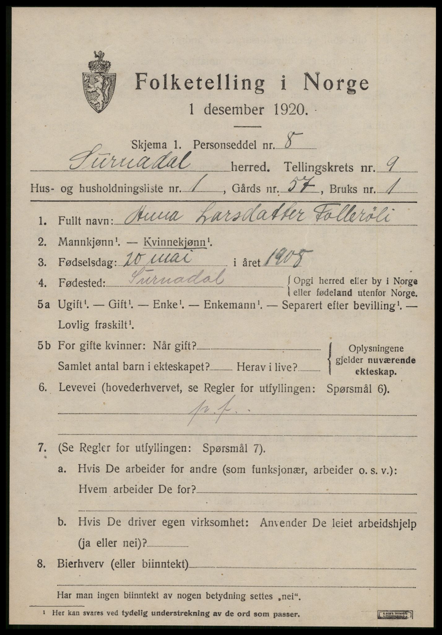 SAT, 1920 census for Surnadal, 1920, p. 6371