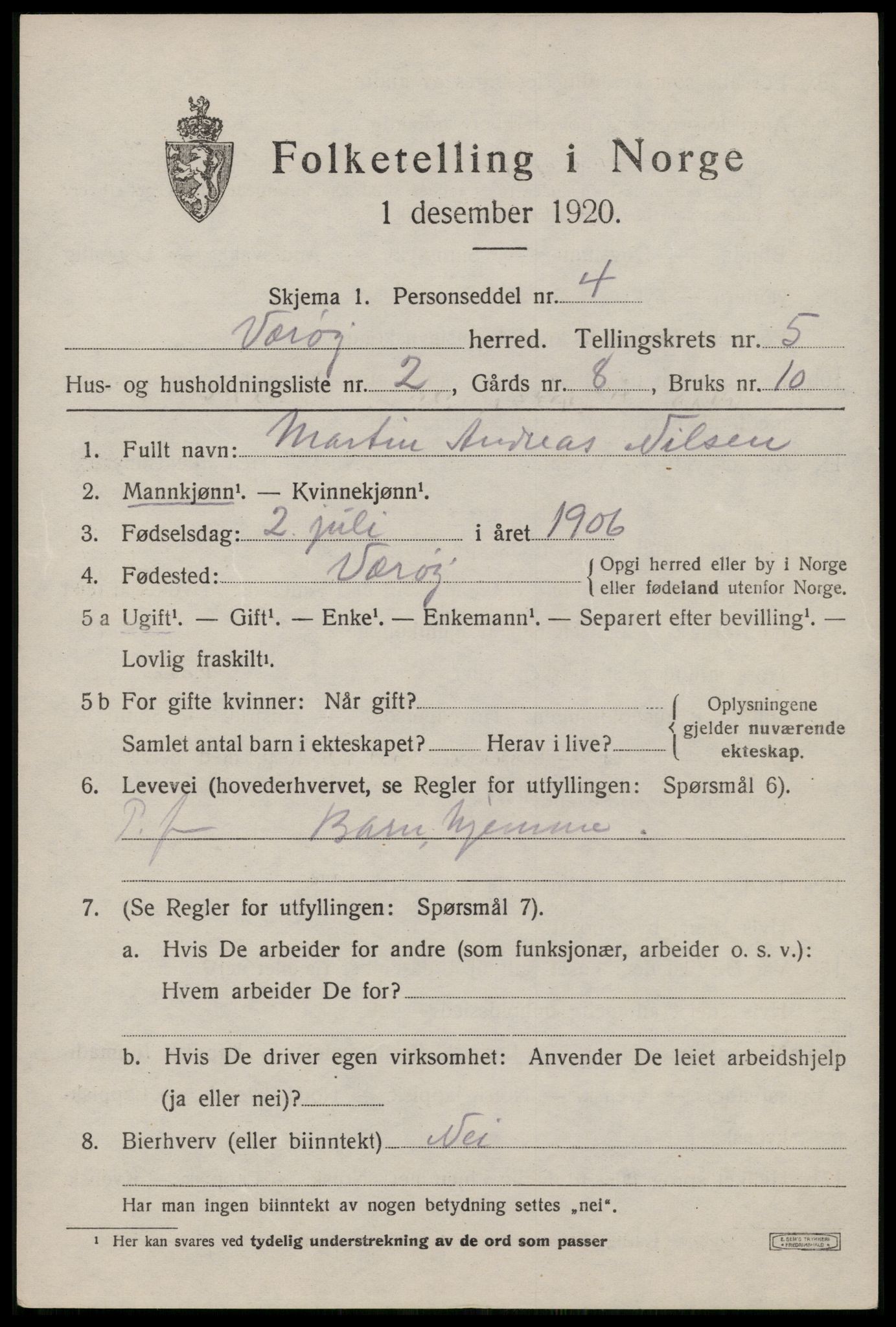 SAT, 1920 census for Værøy, 1920, p. 3133