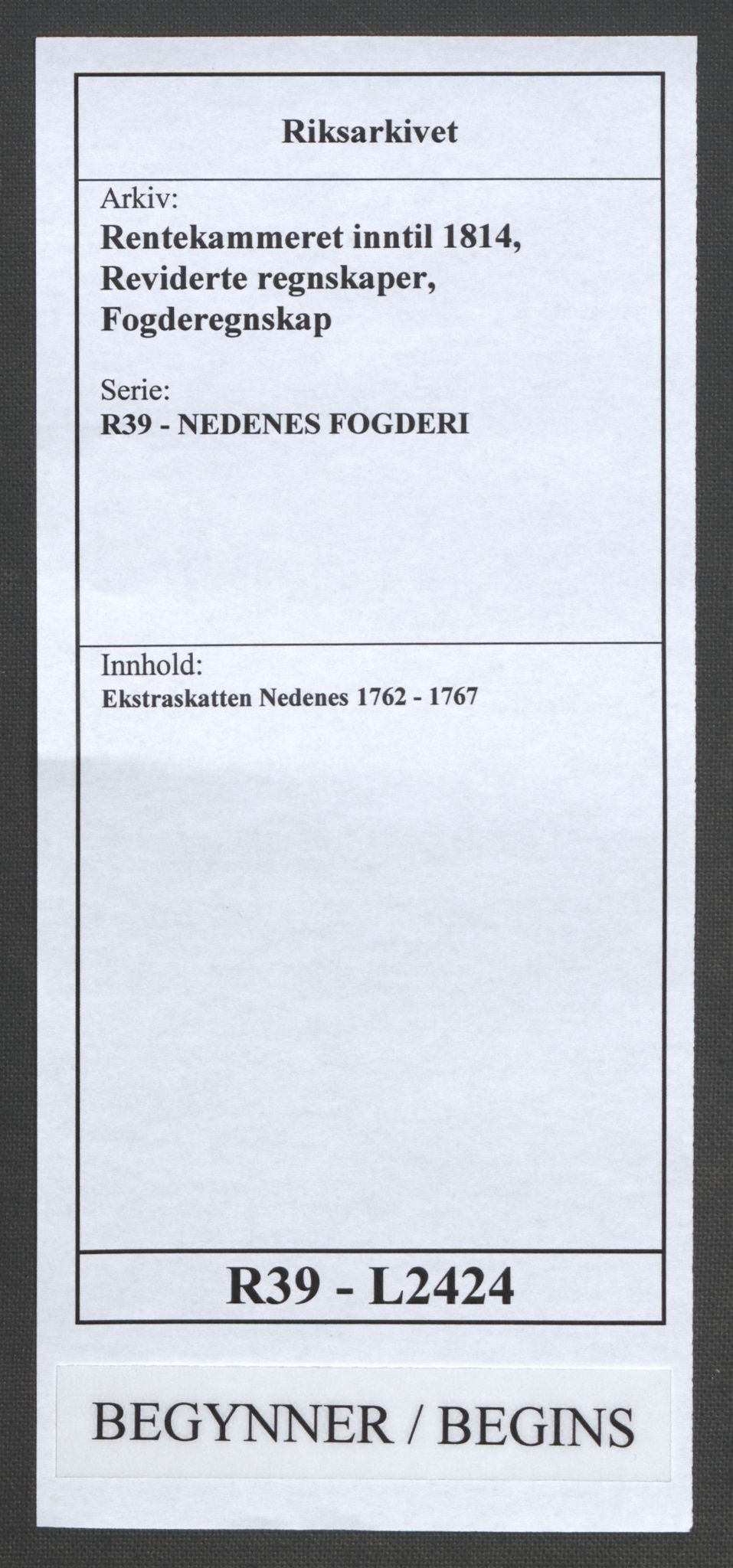 Rentekammeret inntil 1814, Reviderte regnskaper, Fogderegnskap, RA/EA-4092/R39/L2424: Ekstraskatten Nedenes, 1762-1767, p. 1