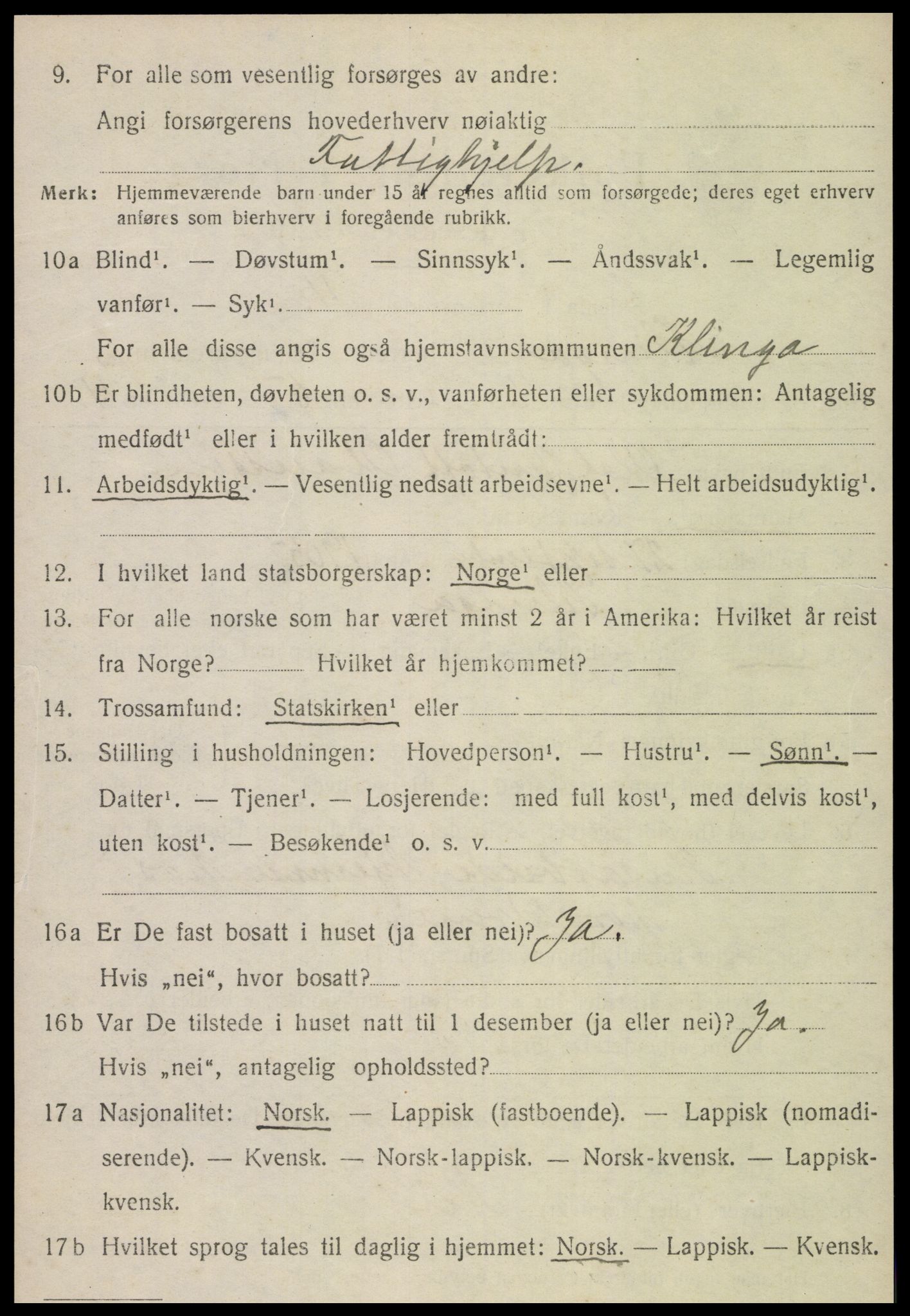 SAT, 1920 census for Klinga, 1920, p. 1426
