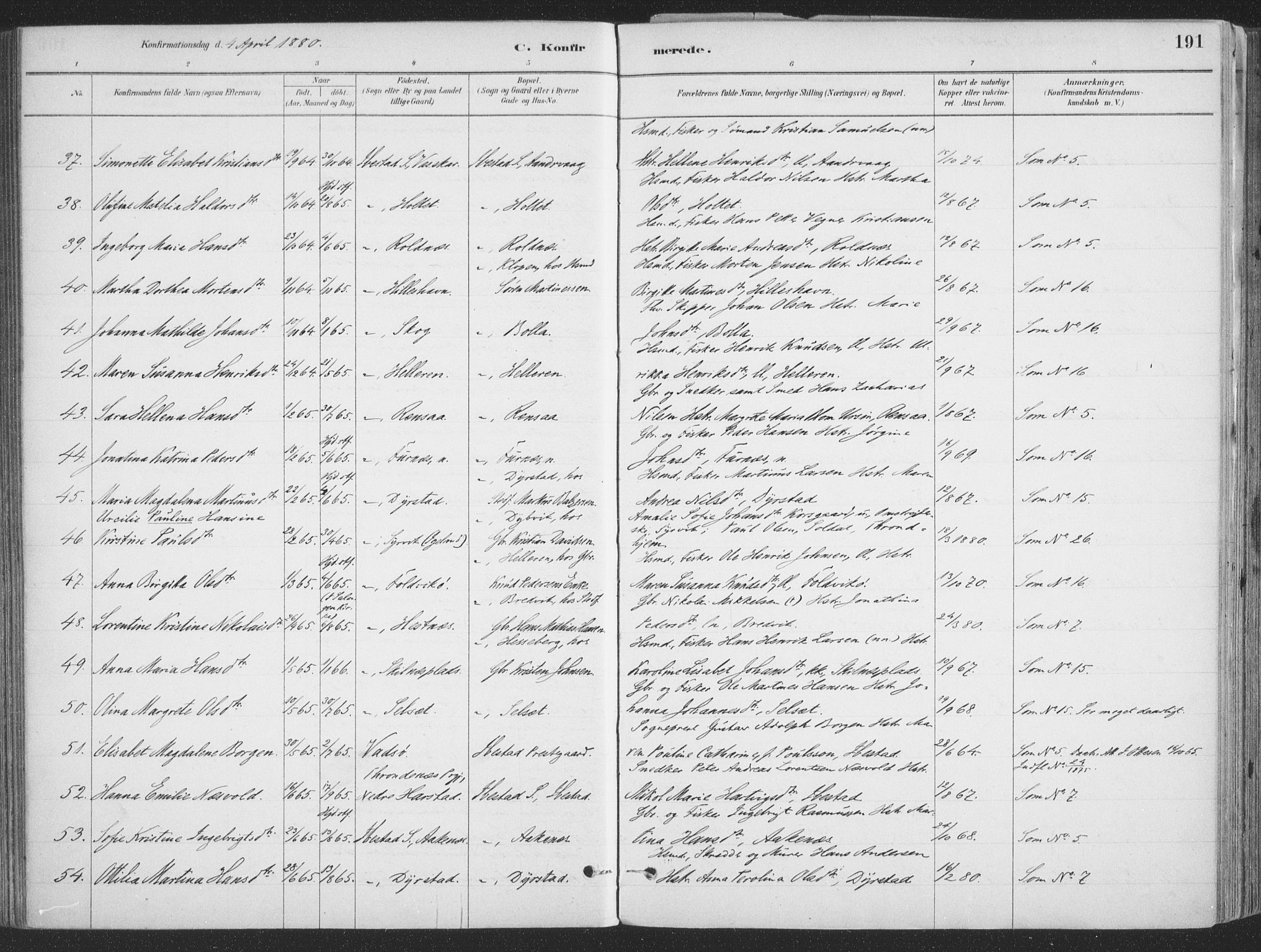 Ibestad sokneprestembete, AV/SATØ-S-0077/H/Ha/Haa/L0011kirke: Parish register (official) no. 11, 1880-1889, p. 191