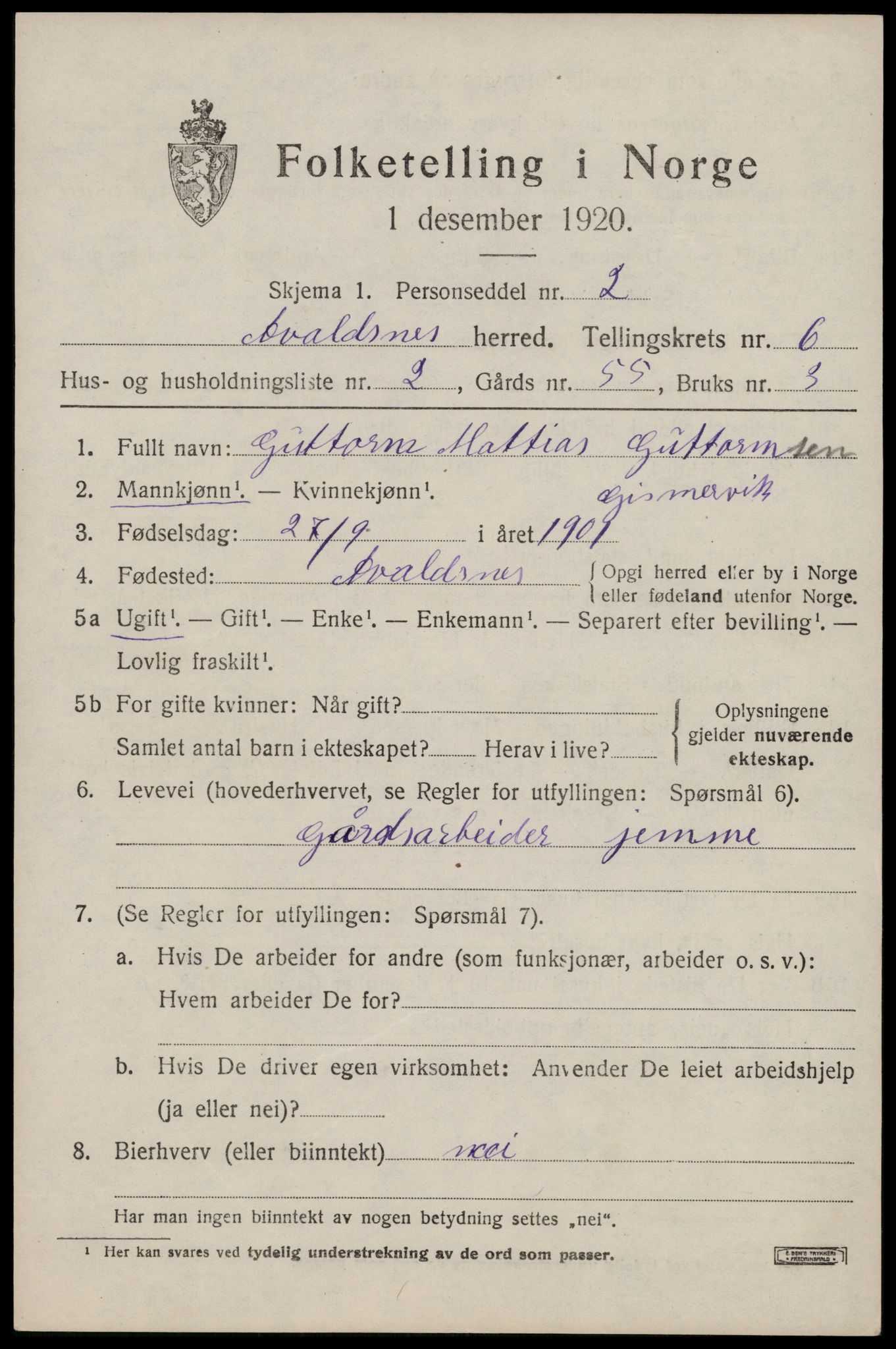 SAST, 1920 census for Avaldsnes, 1920, p. 5681