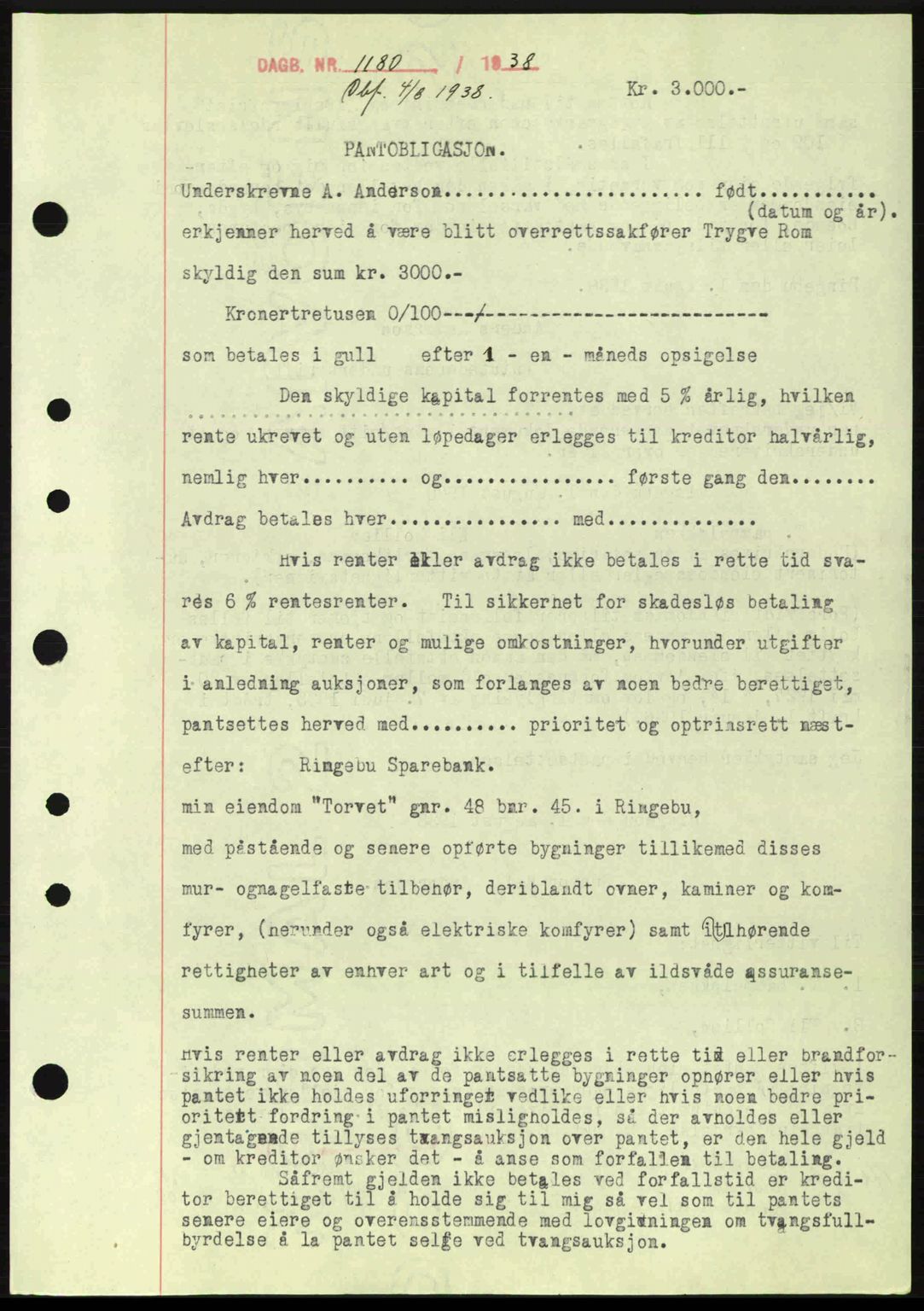 Sør-Gudbrandsdal tingrett, SAH/TING-004/H/Hb/Hbe/L0001: Mortgage book no. B1, 1936-1939, Diary no: : 1180/1938