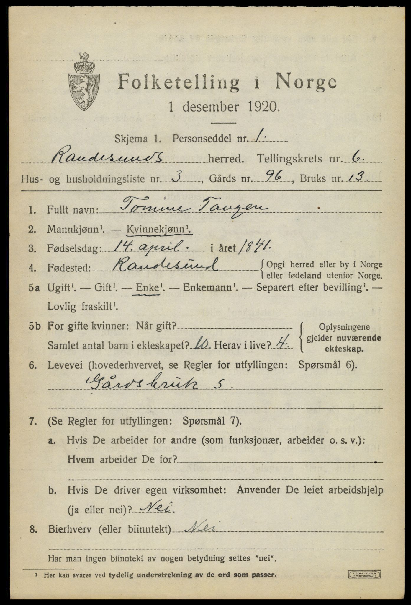 SAK, 1920 census for Randesund, 1920, p. 2766