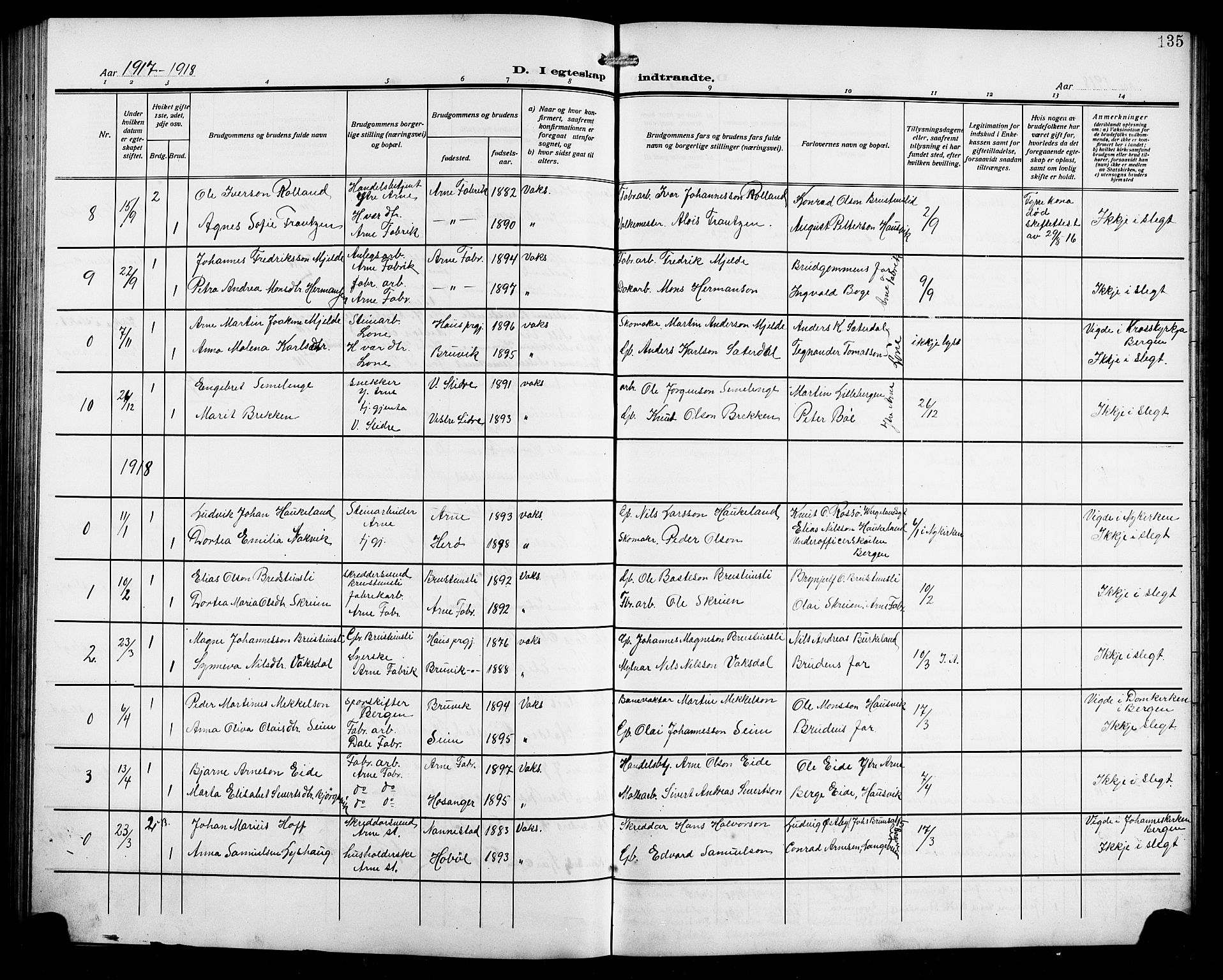 Arna Sokneprestembete, SAB/A-74001/H/Ha/Hab: Parish register (copy) no. A 5, 1911-1921, p. 135