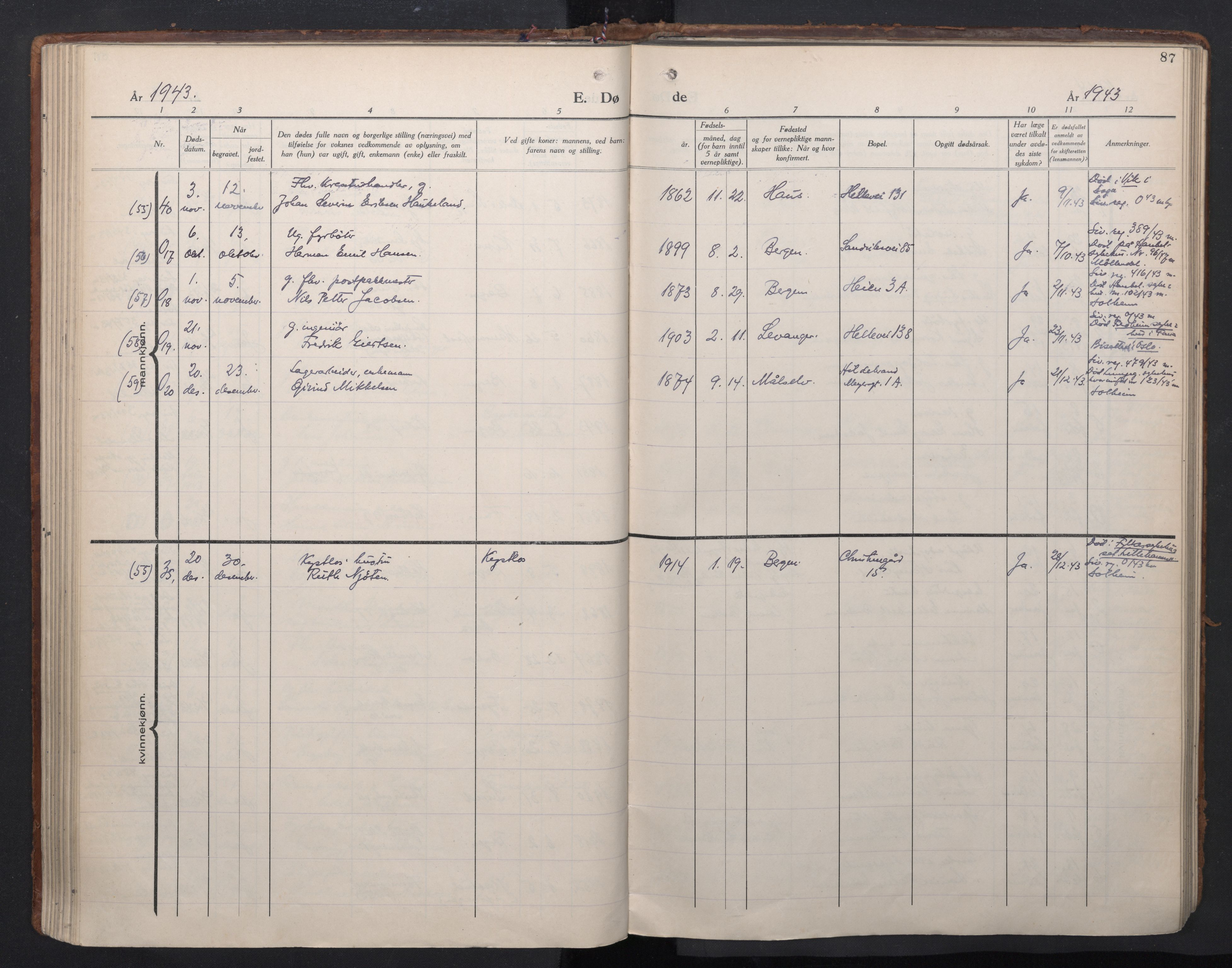 Sandviken Sokneprestembete, AV/SAB-A-77601/H/Ha/L0020: Parish register (official) no. E 3, 1933-1962, p. 87