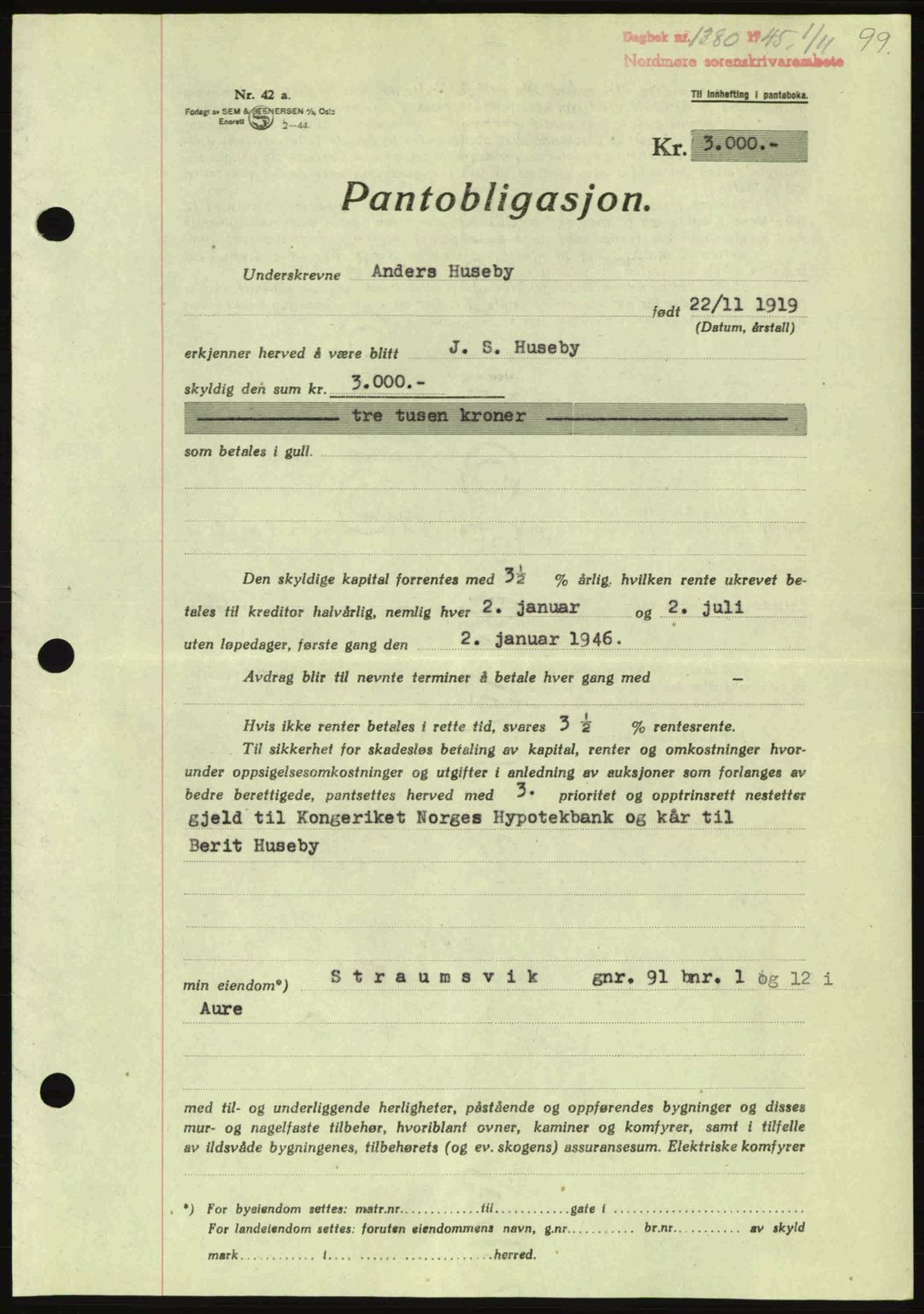 Nordmøre sorenskriveri, AV/SAT-A-4132/1/2/2Ca: Mortgage book no. B93a, 1945-1945, Diary no: : 1380/1945