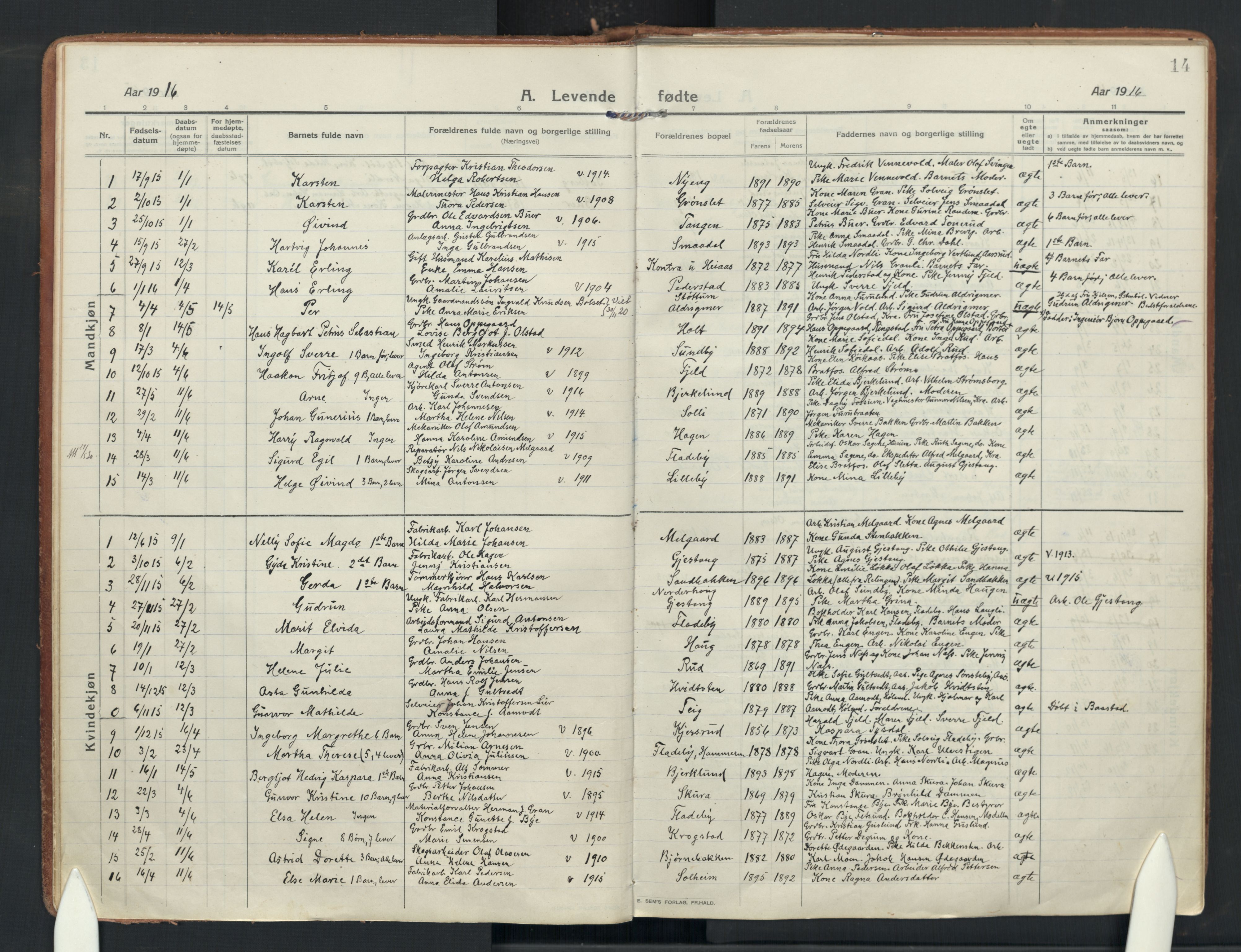 Enebakk prestekontor Kirkebøker, AV/SAO-A-10171c/F/Fa/L0019: Parish register (official) no. I 19, 1912-1935, p. 14