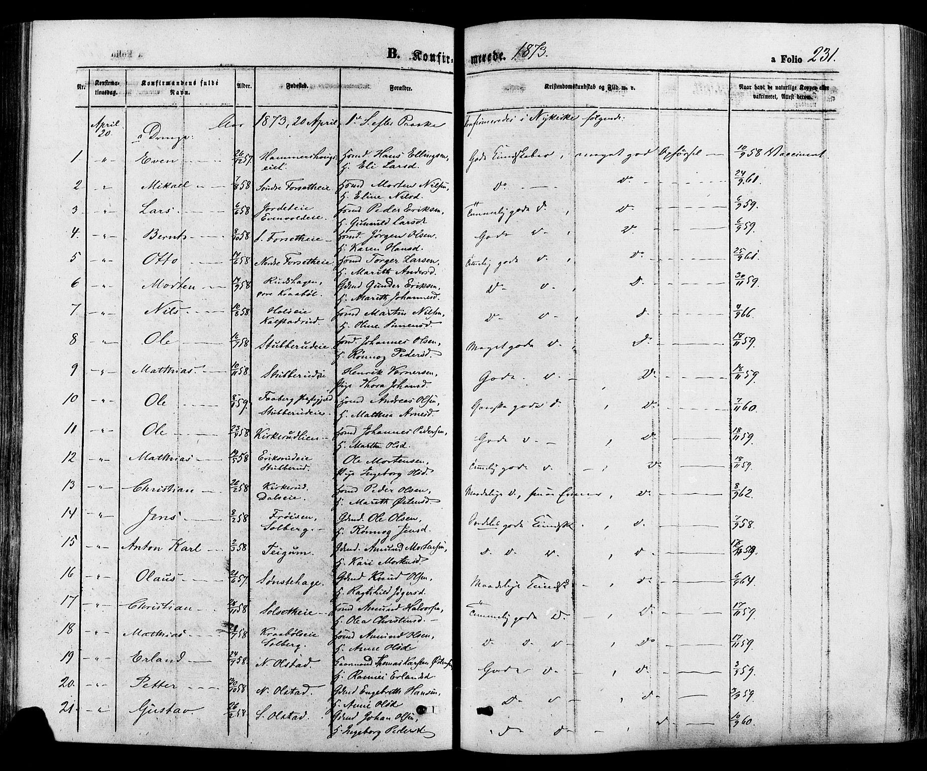 Gausdal prestekontor, SAH/PREST-090/H/Ha/Haa/L0010: Parish register (official) no. 10, 1867-1886, p. 231
