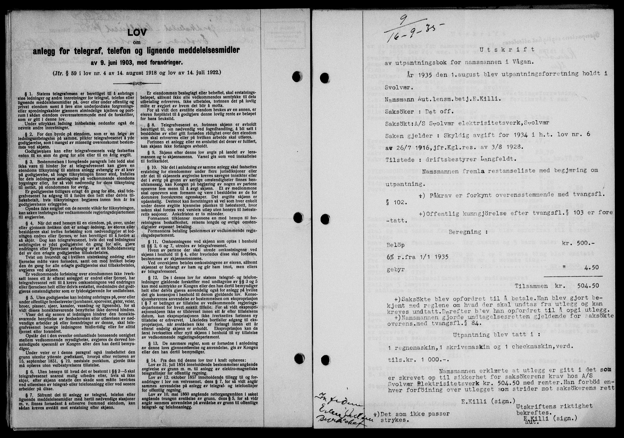 Lofoten sorenskriveri, SAT/A-0017/1/2/2C/L0032b: Mortgage book no. 32b, 1935-1935, Deed date: 16.09.1935