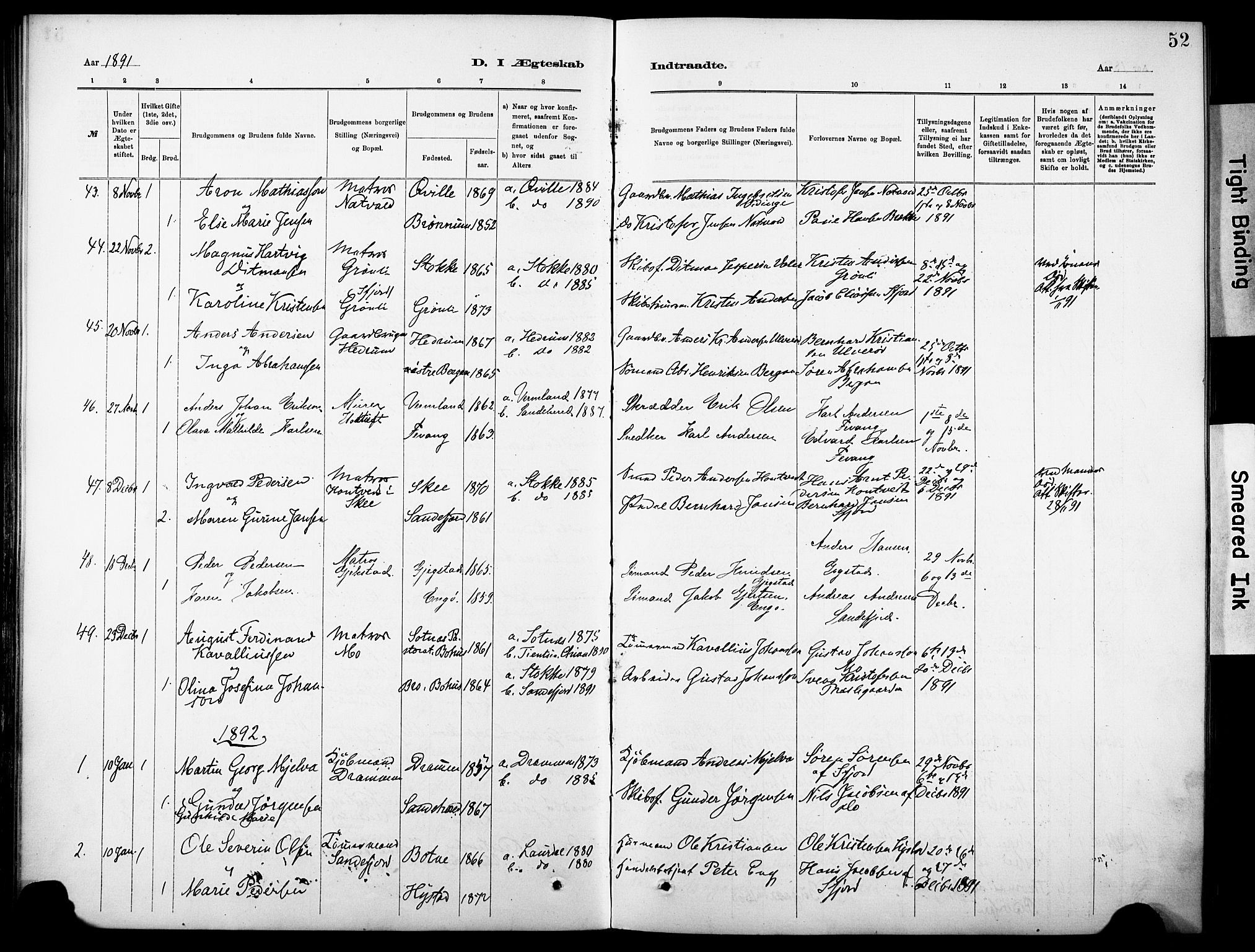 Sandar kirkebøker, SAKO/A-243/F/Fa/L0013: Parish register (official) no. 13, 1883-1895, p. 52
