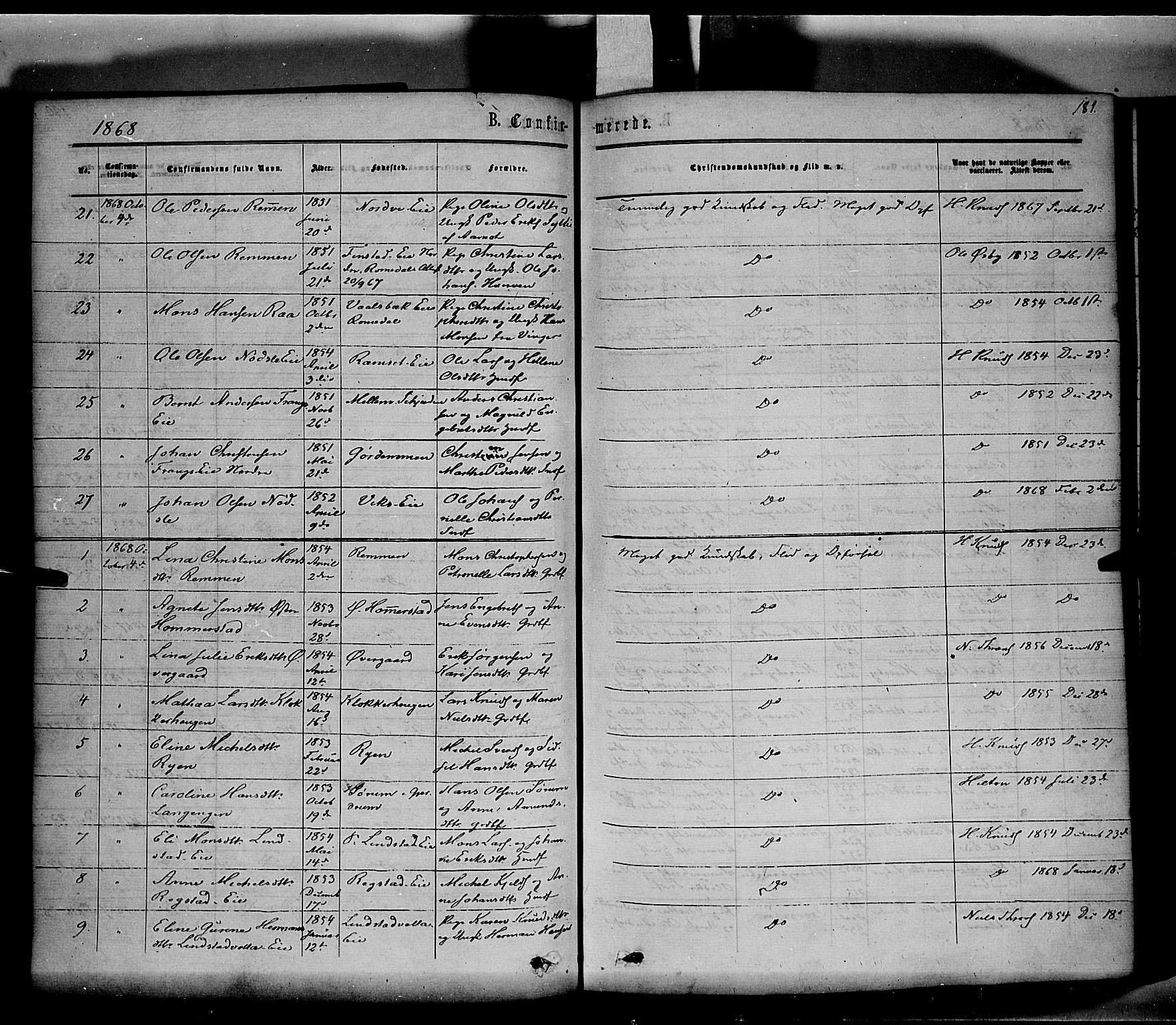 Stange prestekontor, SAH/PREST-002/K/L0013: Parish register (official) no. 13, 1862-1879, p. 181