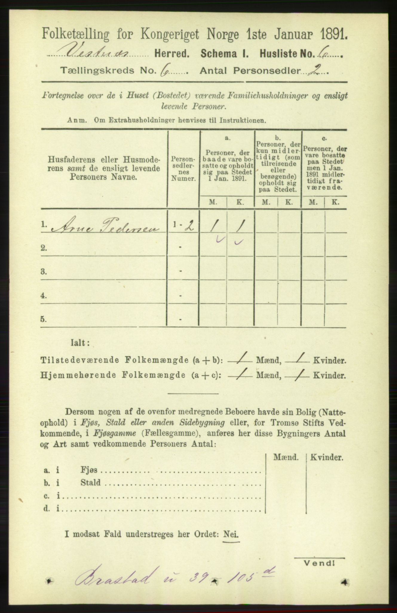 RA, 1891 census for 1535 Vestnes, 1891, p. 2126